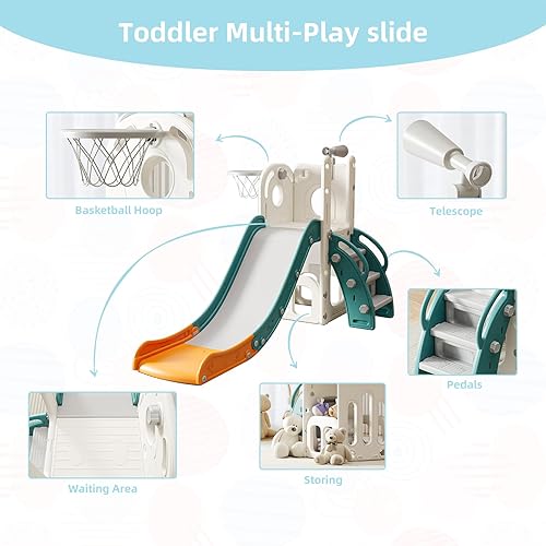 Miniatura 3 de Tobogán 6 en 1 para niños de 1 a 3 años, para interiores y exteriores, tobogán para bebés con aro de baloncesto, almacenamiento, escalador y