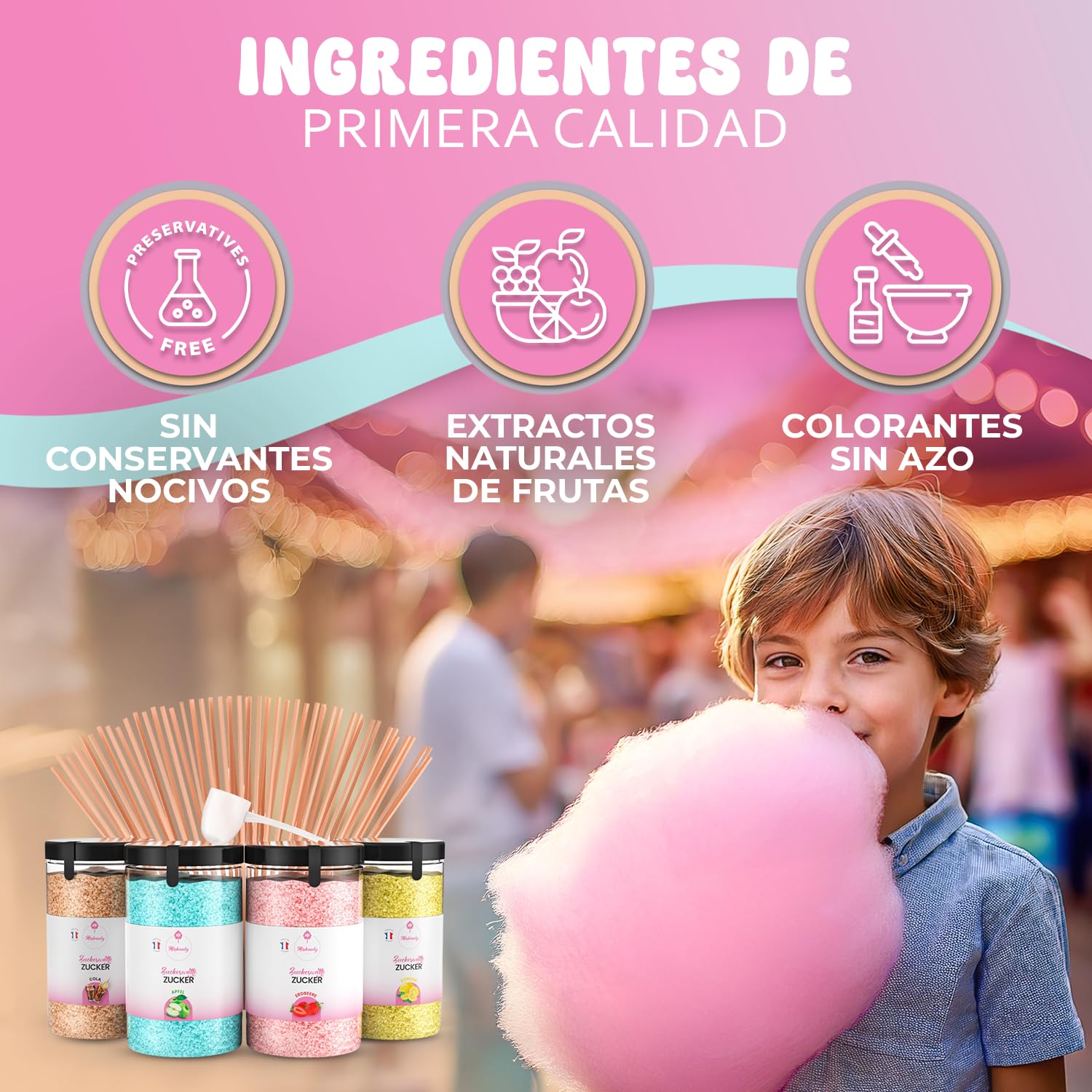 Misskandy® algodón de azúcar para máquina- Pack de 4 * 240Gr - (Sabores Naturales): Sabores: Fresa/Manzana/Cola/Limón + 50 palitos (gratis)