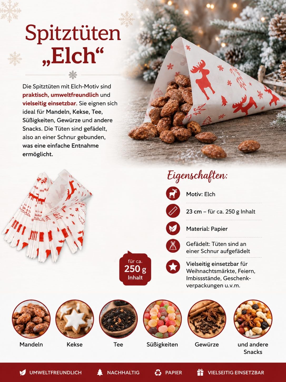 Torebki papierowe z motywem: ELCH długość ok. 23 cm na ok. 250 g zawartość (500)