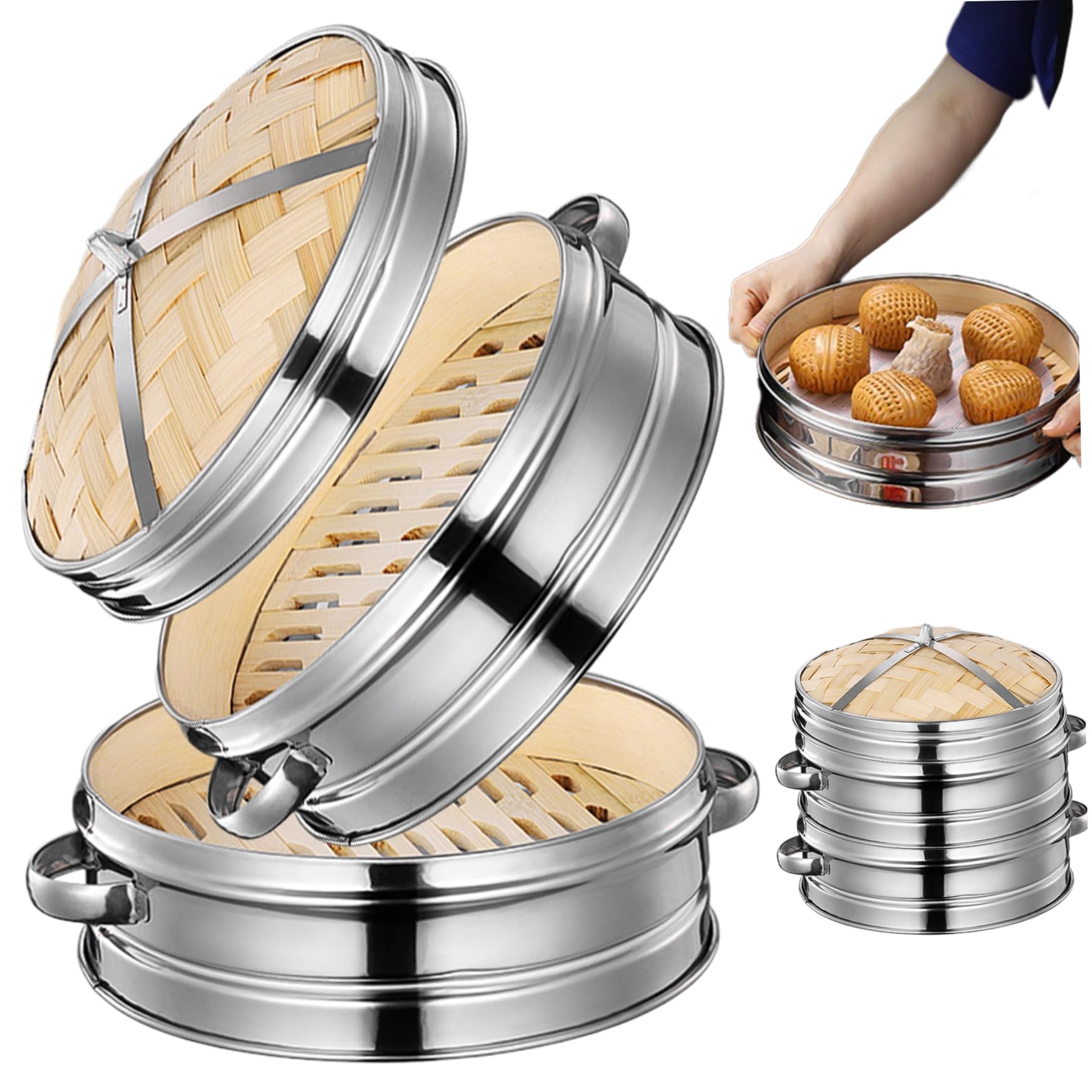 Vaporiera in bambù Cestino in bambù a 2 livelli da 7, 9 pollici con coperchio e manico per gnocchi, dim sum, panini e verdure per la cottura a vapore cucina