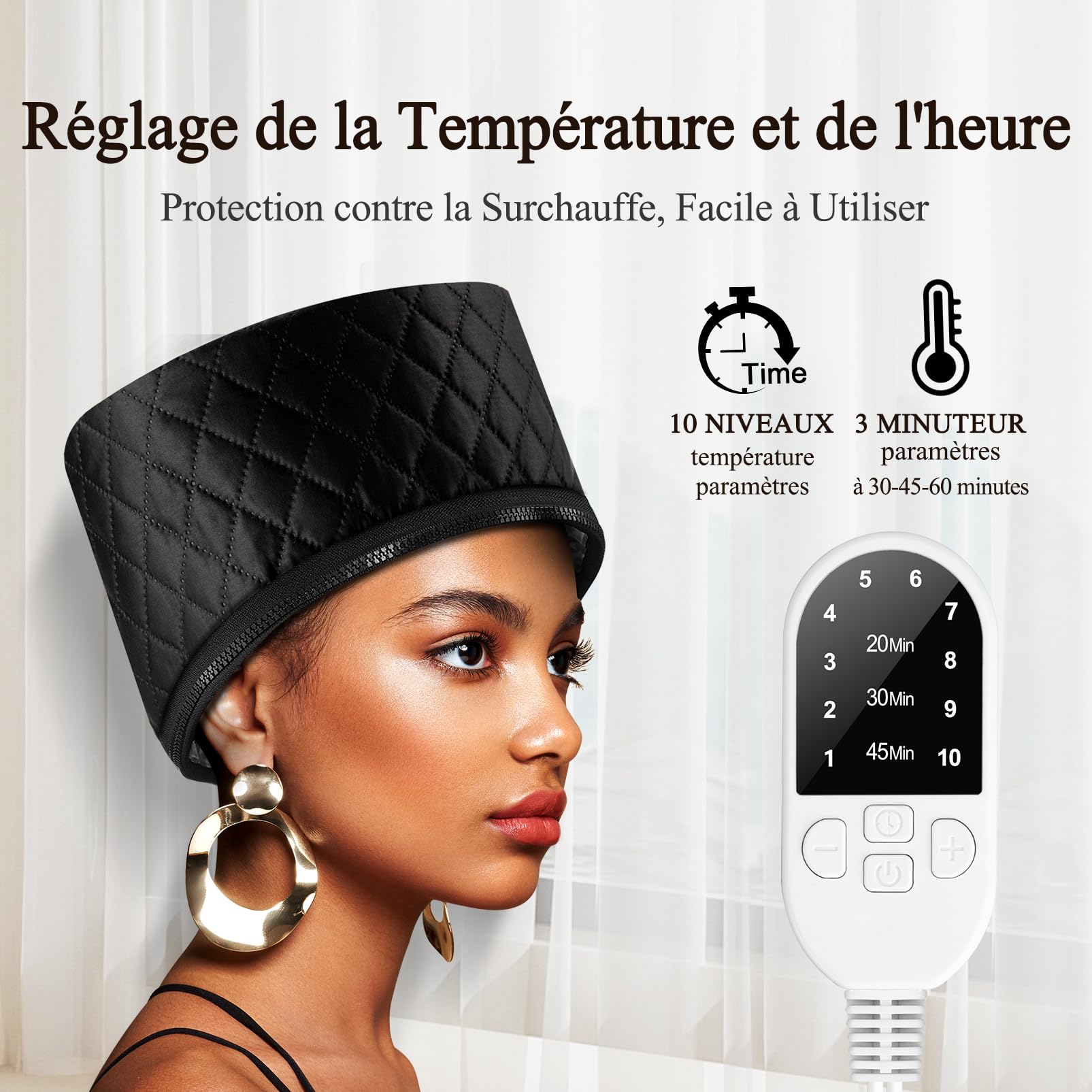 Gorro térmico para el cuidado del cabello con vapor – Capucha calefactable para cabello encrespado rizado, capilar, peluquero, peluquería, spa, hogar, proteínas, secador de pelo, eléctrico negro