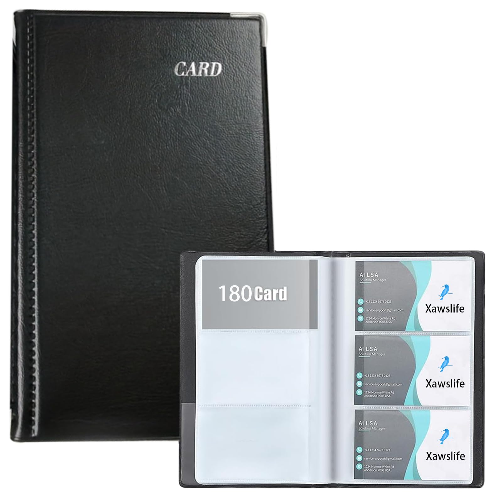 Xawslife 名刺ホルダー 180枚収納 名刺ファイル 軽量 スリム 名刺フォルダー 90ポケット 大容量 名刺帳 ビジネス用 カードケース 透明ポケット カード整理 クレジットカード 診察券 ポイントカード 持ち運び便利 ブラック