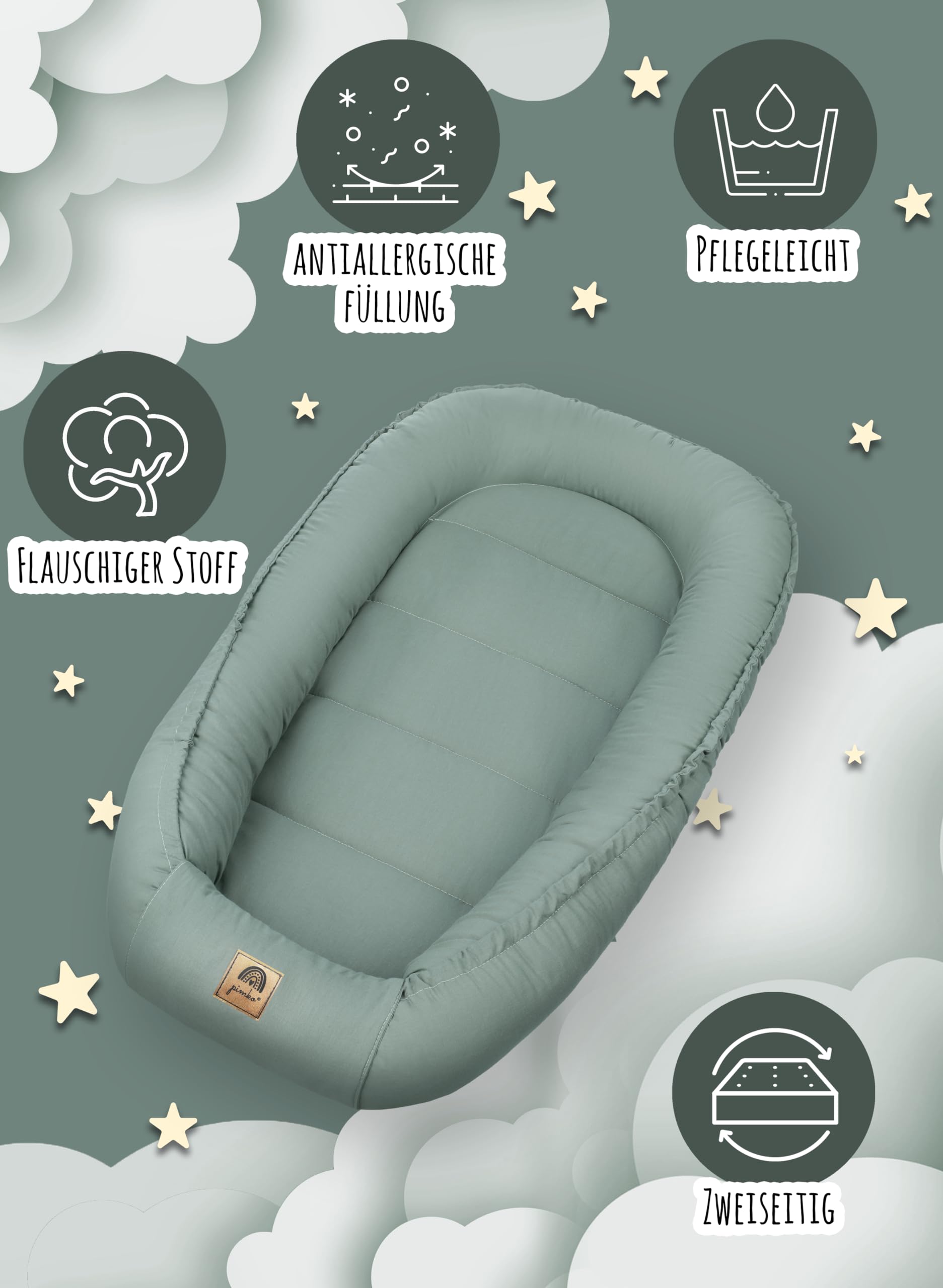 PIMKO Baby Nest, paracolpi per neonati e neonati, 100% cotone, adatto per la casa, 55 x 90 cm (Pistacio con patta)