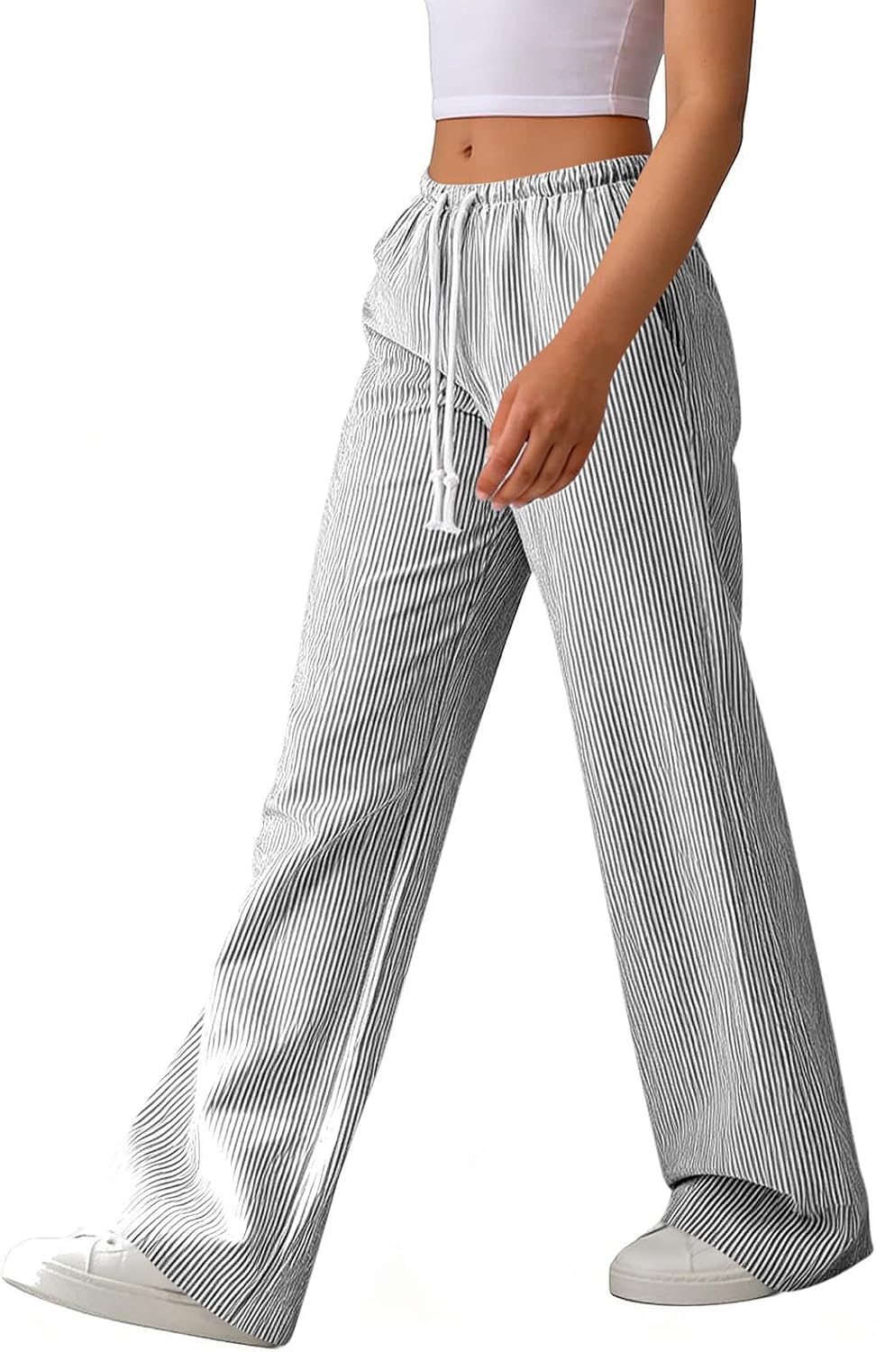 Womens Striped Wide Leg Palazzo Pants High Waisted Elastic Drawstring Casual Loose Fit Lounge Trousers with Pockets