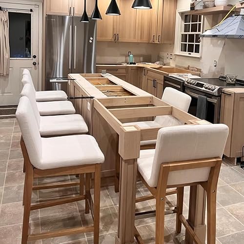 Miniatura 7 de chairus Juego de 2 taburetes de bar altos de tela, taburetes de bar tapizados de lino con patas y respaldo de madera maciza para cocina, isla de