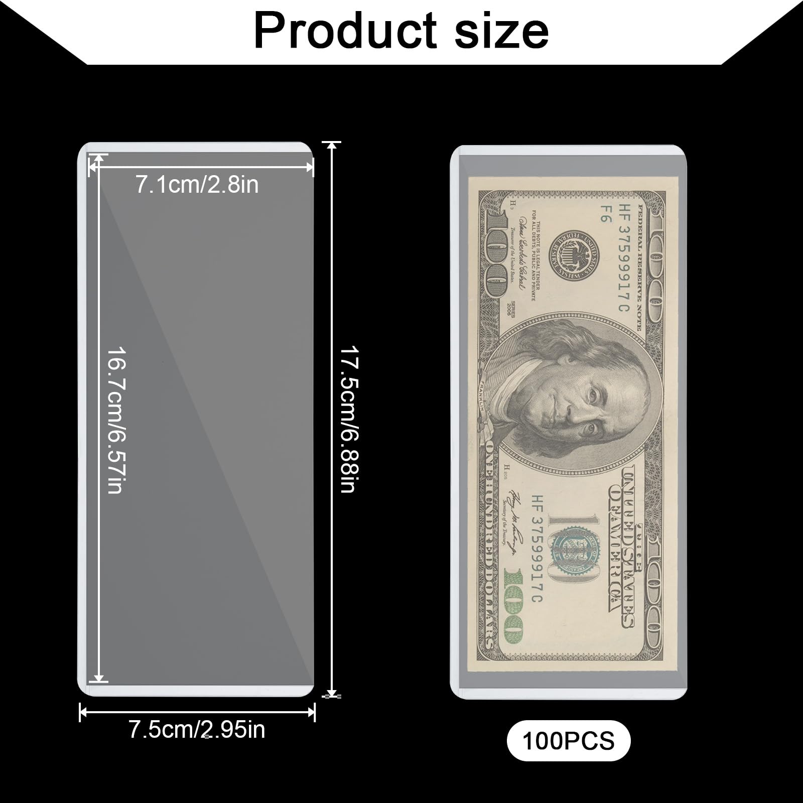 cobee 100 Pcs Hard Plastic Clear Money Holder, Transparent Dollar Bill Sleeves Waterproof Currency Sleeves 6.9 x 2.9 Inch Top-Insert Money Display Protectors for Banknotes Stamp Collecting
