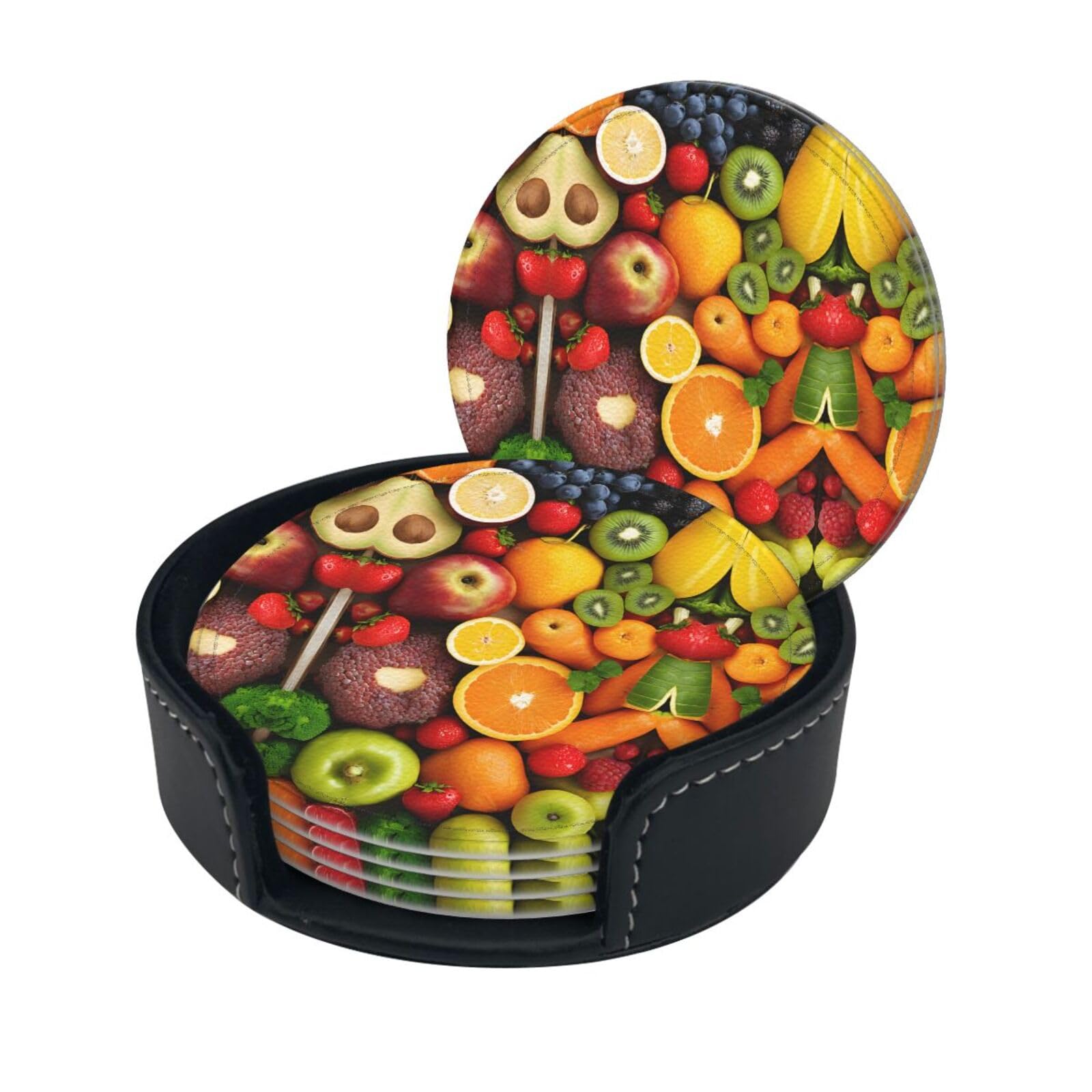 Fruit Rainbow Print Coaster,Round Leather Coasters with Storage Box for Wine Mugs,Cold Drinks and Cups Tabletop Protection (6 Piece)