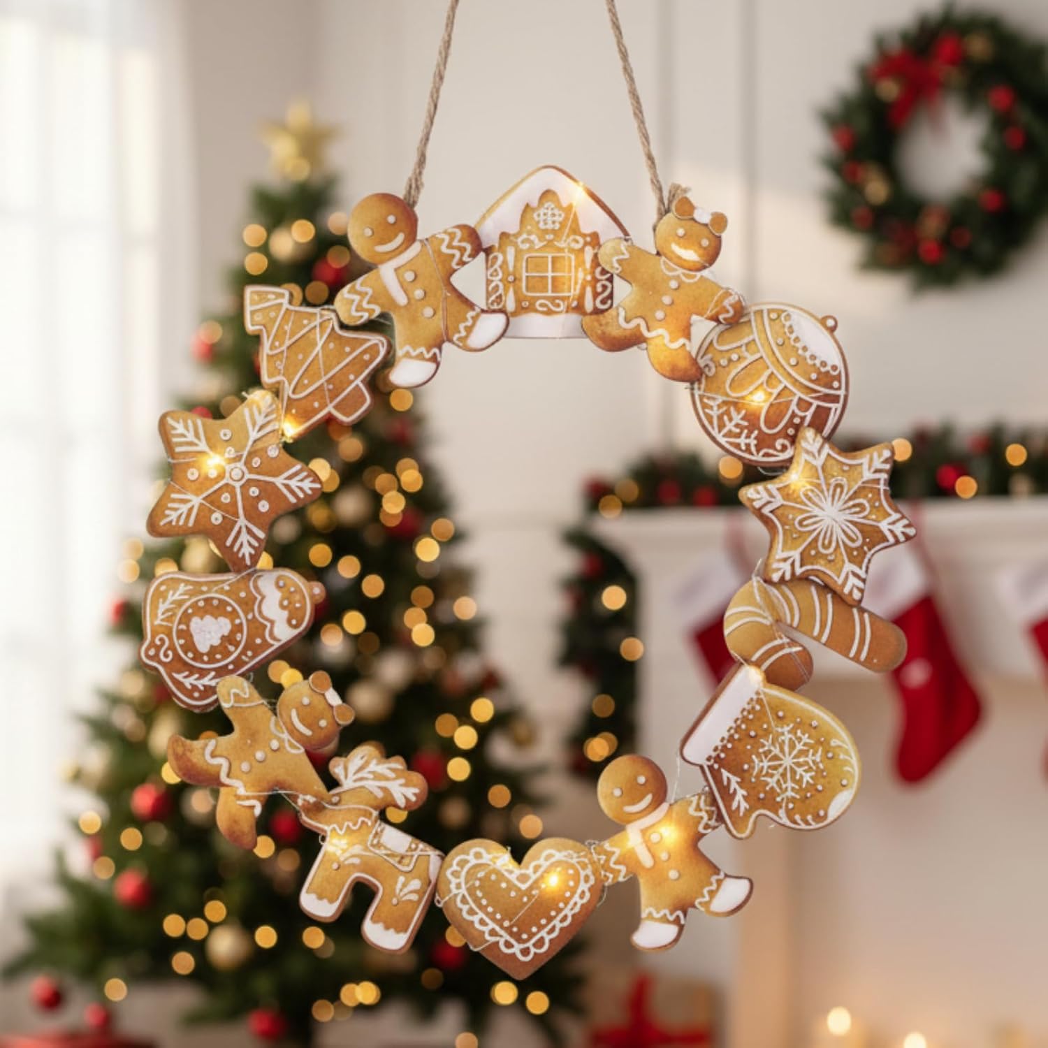 Gingerbread Man Christmas Wreath with Light LED Wooden Gingerbread Man Hanging Decoration for Christmas Tree Ornaments Xmas Indoor Outdoor Wall Decoration Hanging Sign for Front Door - Image 3