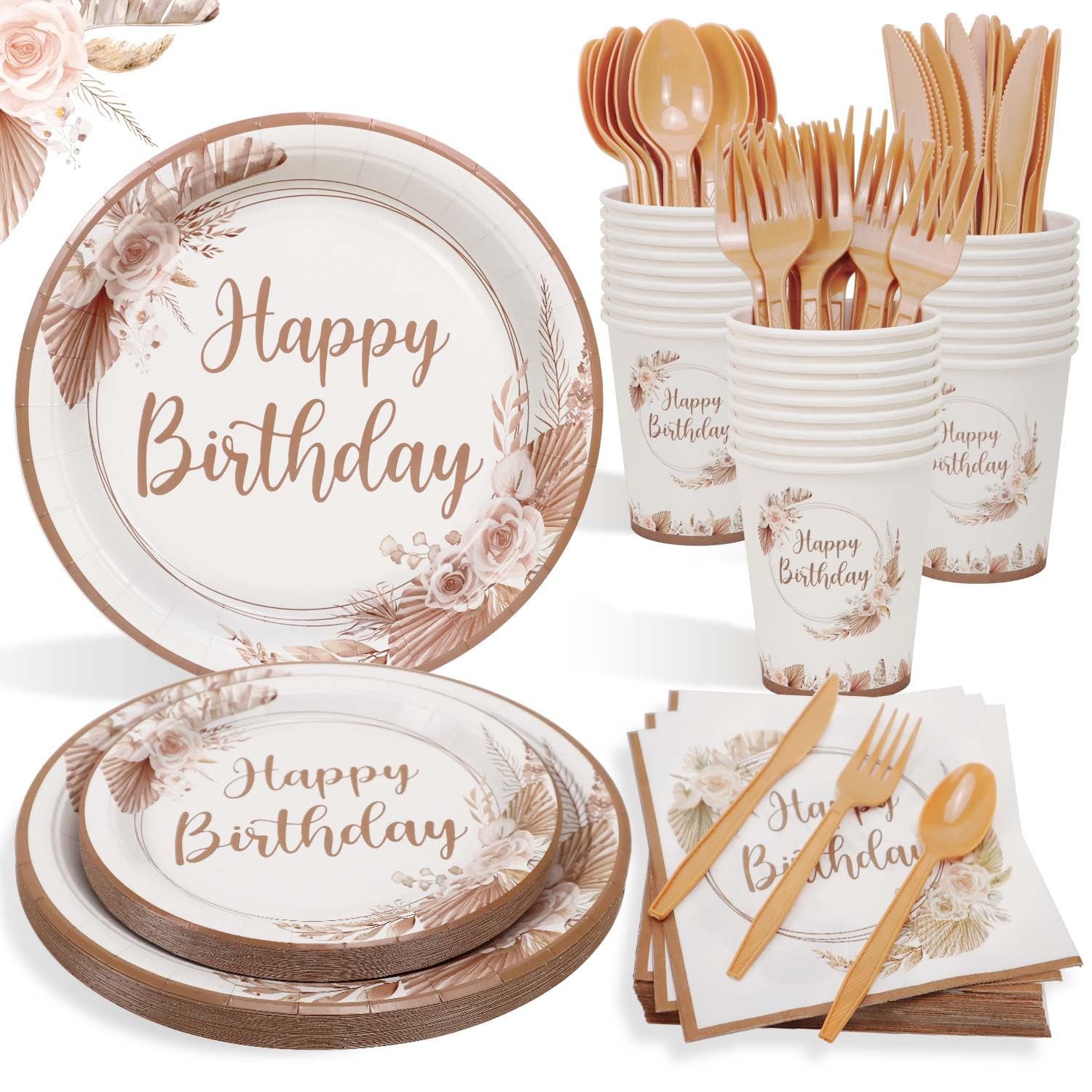 Boho Birthday Decorations Plates Set for 25 Guests,175Pcs Neutral Birthday Paper Plates Napkins Cups Cutlery Set for Women Girls