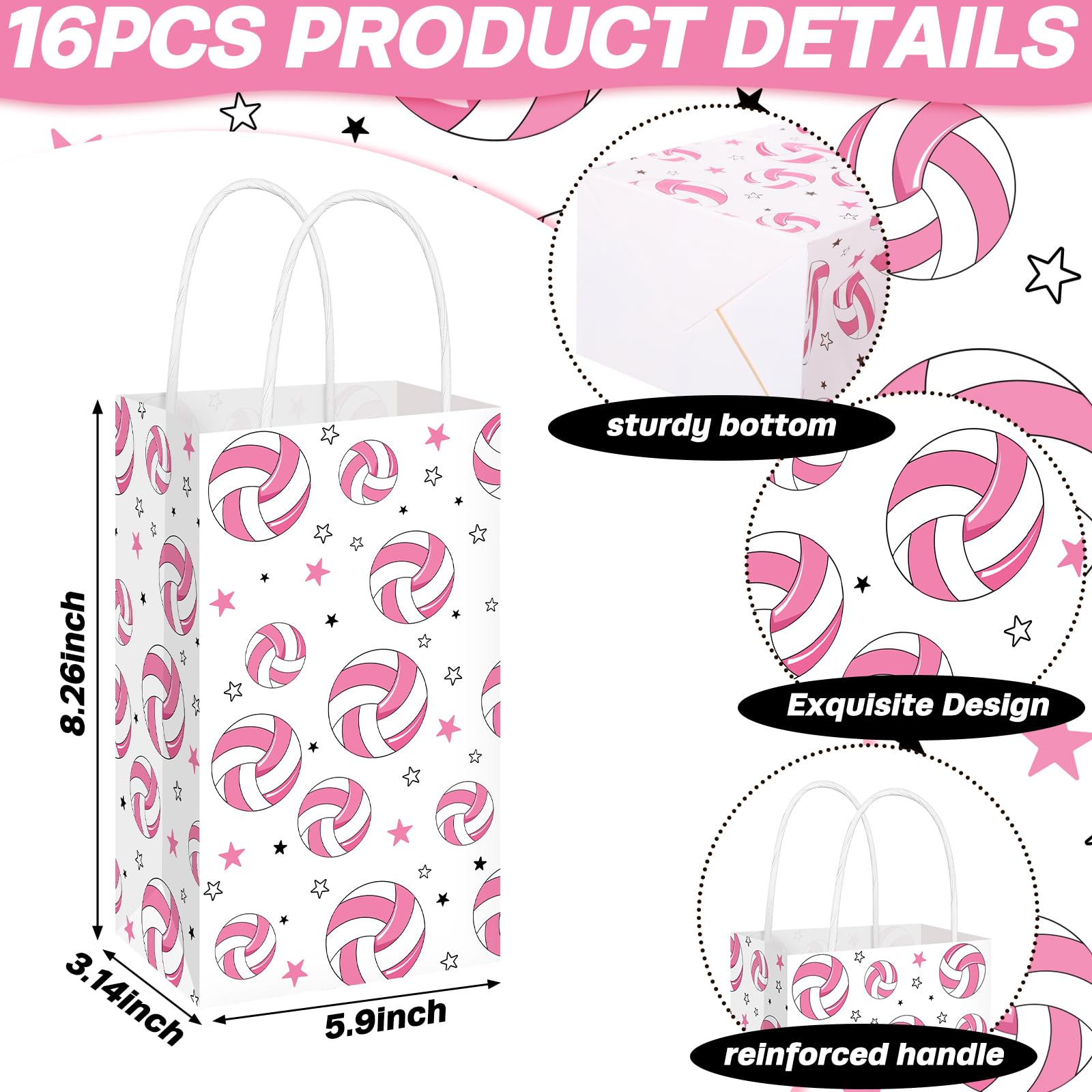 Eersida 16 Pcs Pink Volleyball Party Favor Pink Volleyball Goodie Bags Bulk with Handle Candy Treat Bags for Team Birthday Party Supplies