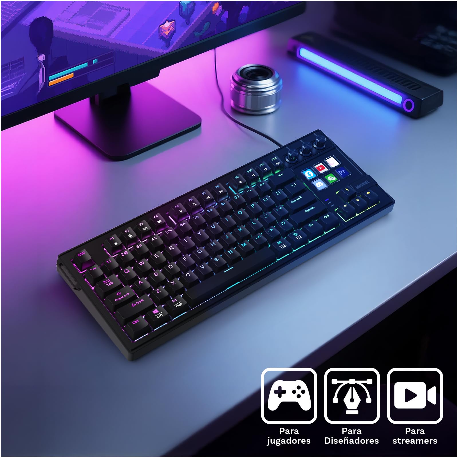 MMOBIEL Teclado Mecánico para Stream Deck Teclado QWERTY RGB Hot-Swappable con 6 Teclas Macro LCD Programables y 3 Diales de Control para OBS, Streaming, Edición de Video – para Windows/macOS