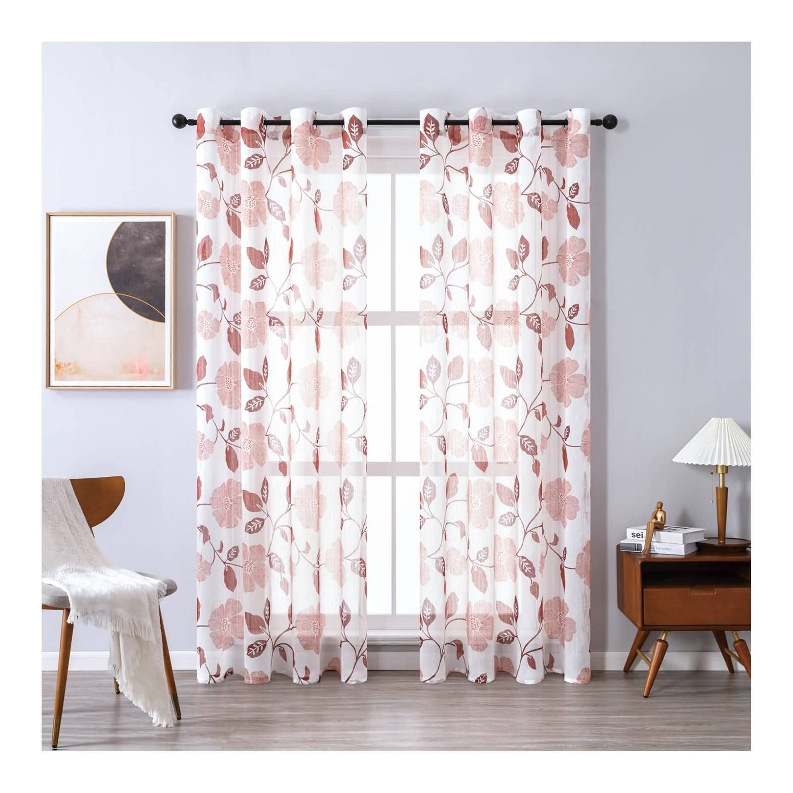 Voile Vorhang mit Ösen, 160 x 132 cm (Höhe x Breite) Halbtransparenter Voile-Vorhang mit Blumenblatt-Zweigmuster, Rot