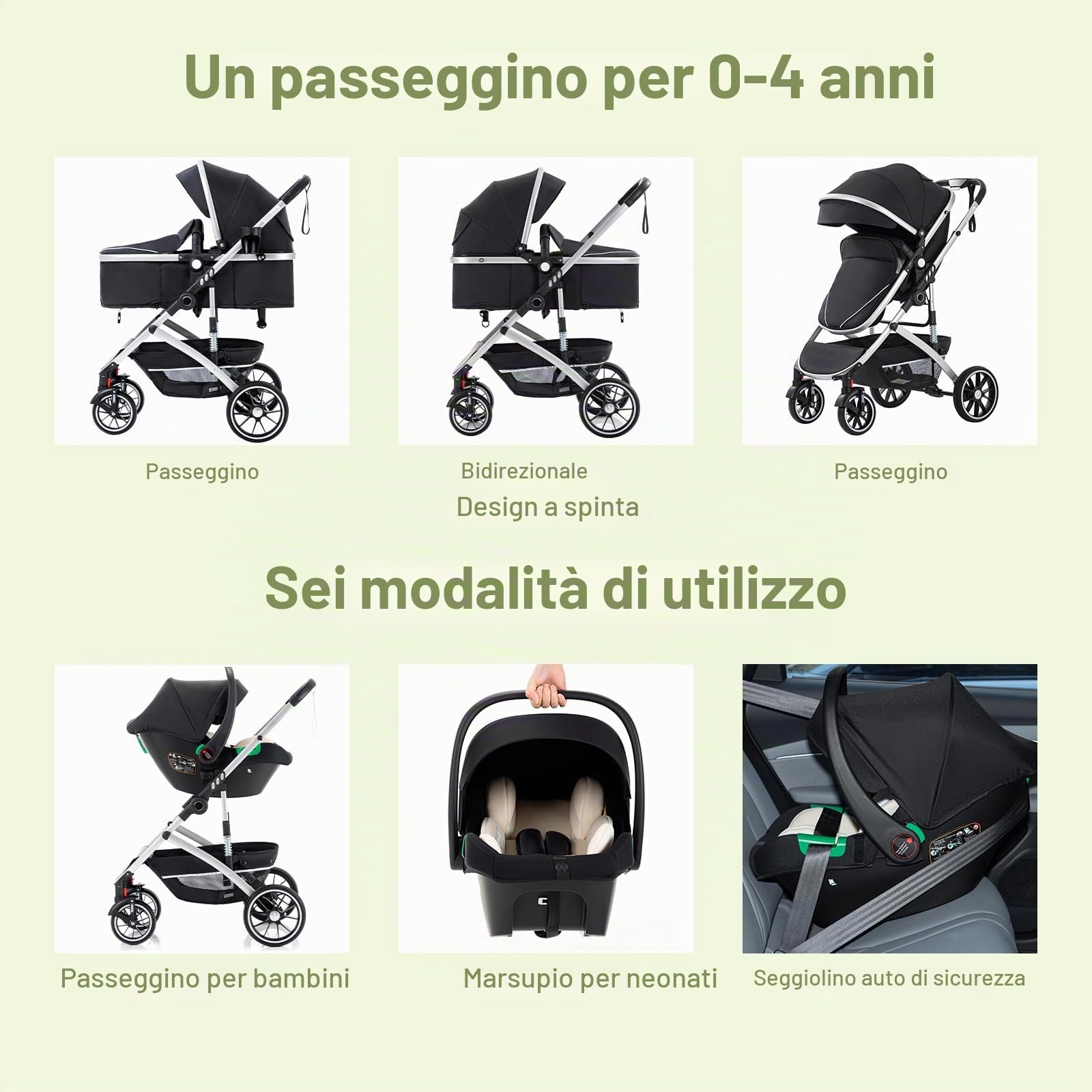 Gcarebb Passeggino 3 in 1 con seggiolino auto, portatile, con un clic, pieghevole, con telaio in alluminio, per neonati da 0 a 4 anni