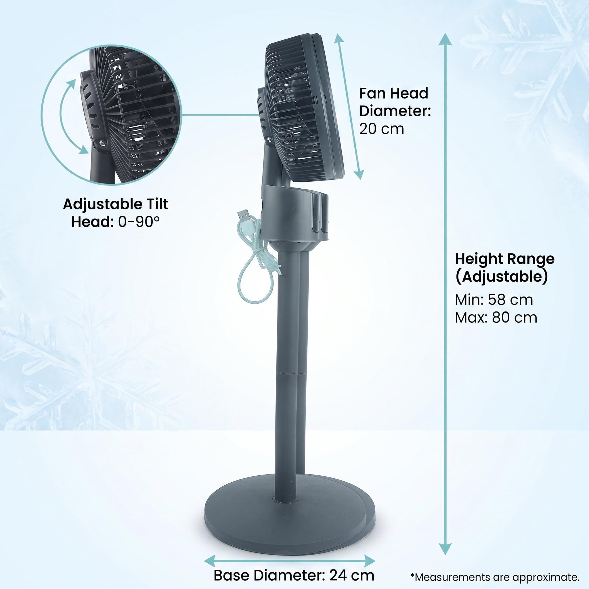 Ventilatore da terra silenzioso per camera da letto, ventilatore USB a 3 velocità con piedistallo regolabile in altezza, ventola di raffreddamento per casa, ufficio, soggiorno