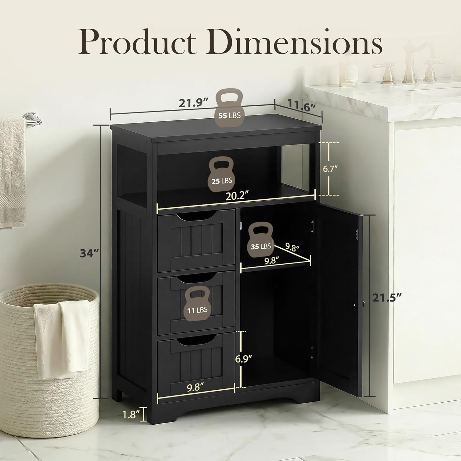 SUPER DEAL Wooden Bathroom Storage Cabinet with 3 Drawers and 1 Door, Free-Standing Toewels Cupboard for Entryway Living Room Home Furniture, Black
