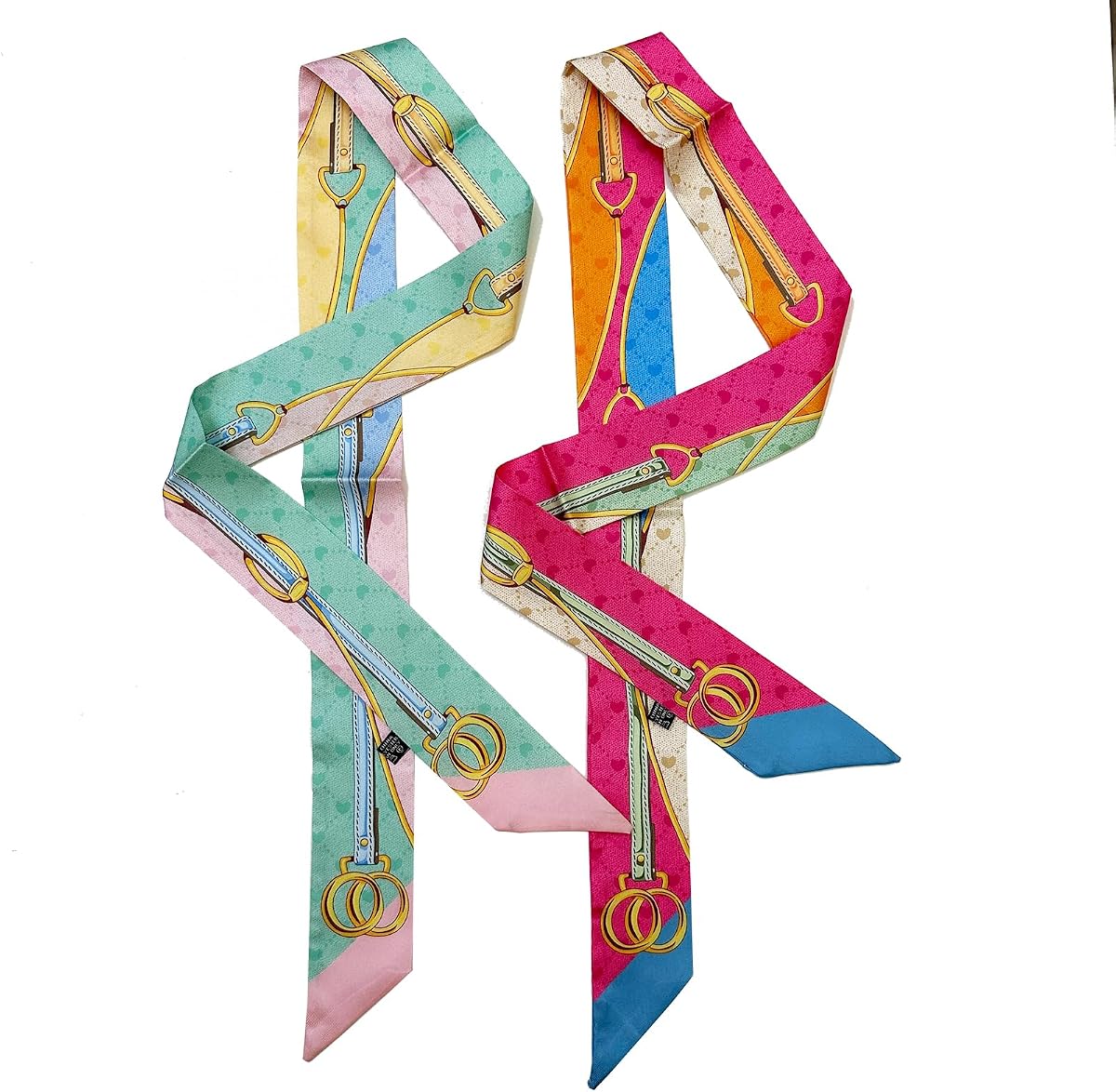 2 Pack Silk Purse Scarf For Handbags Head Hair Ribbon Fashion Skinny Scarf For Women Long Neckerchief