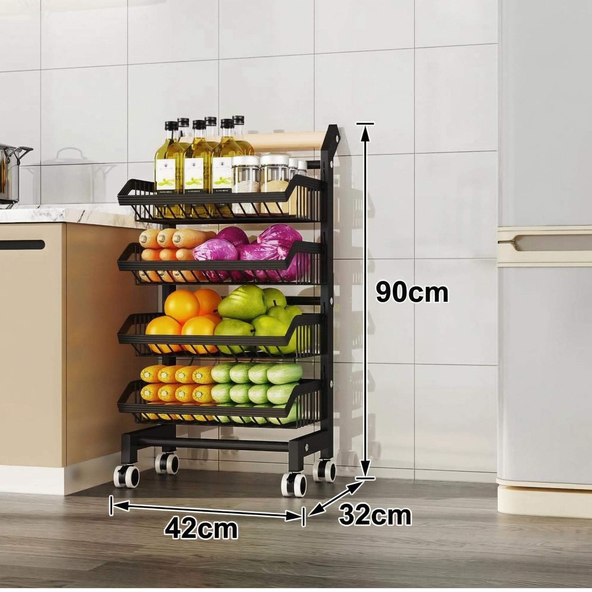 4-poziomowy wózek kuchenny z zamykanymi kółkami, metalowy i drewniany uchwyt, stal węglowa, stojak do przechowywania, kosz na owoce, do spiżarni, łazienki, 42 x 32 x 90 cm