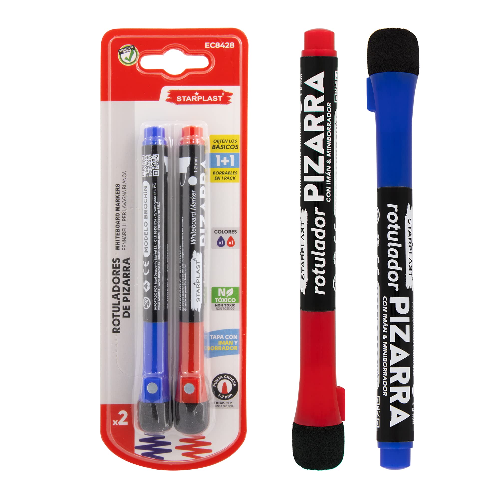 Starplast PACK 2 ROTULADORES PARA PIZARRA BLANCA Rotulador BROCHIN, punta redonda 2.0mm con borrador e imán 1 Azul + 1 Rojo