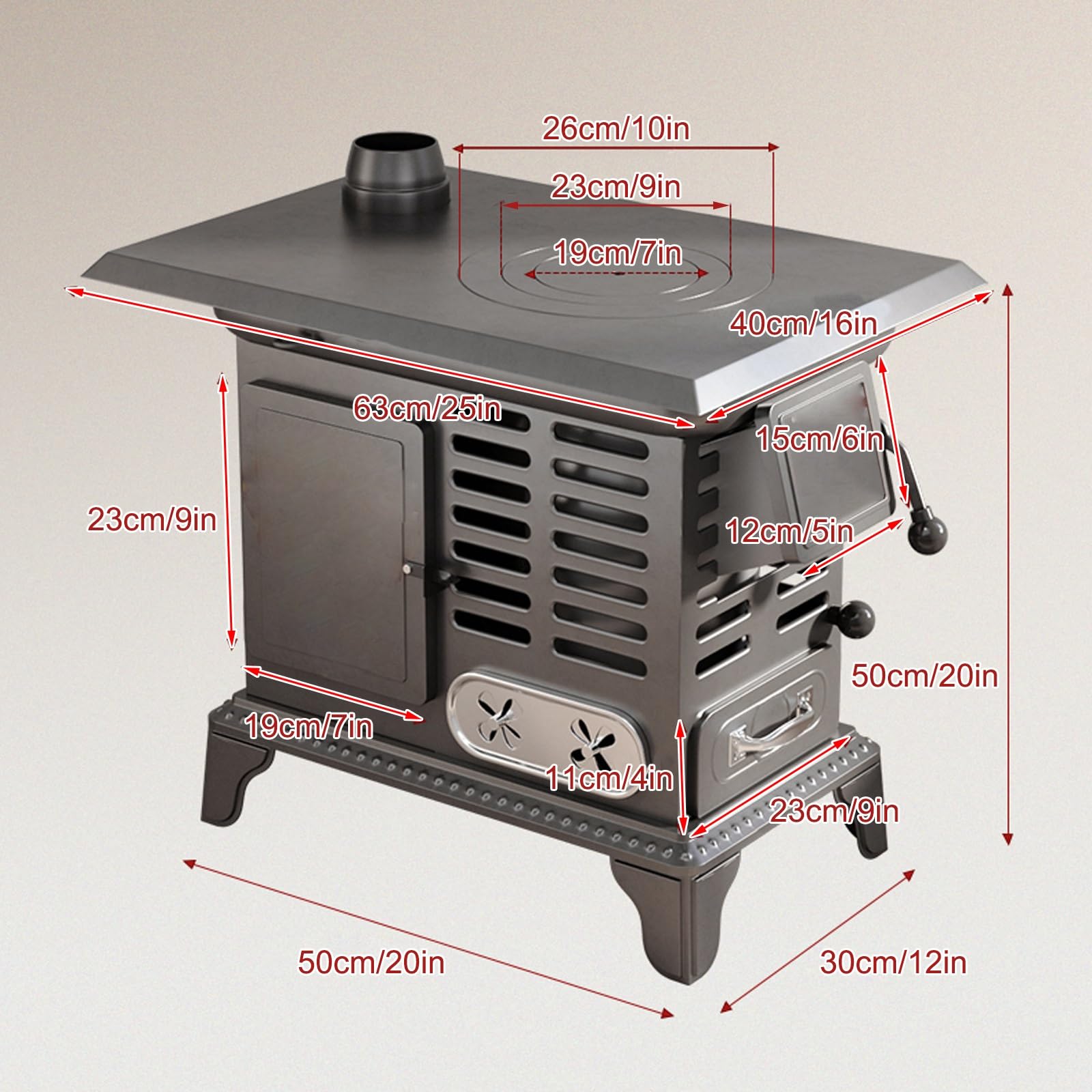 Stufa a legna in ghisa con forno, sistema di riscaldamento efficiente per cabine e case, con cassetto in cenere, ideale per soggiorno fuori rete e riscaldamento rapido della stanza