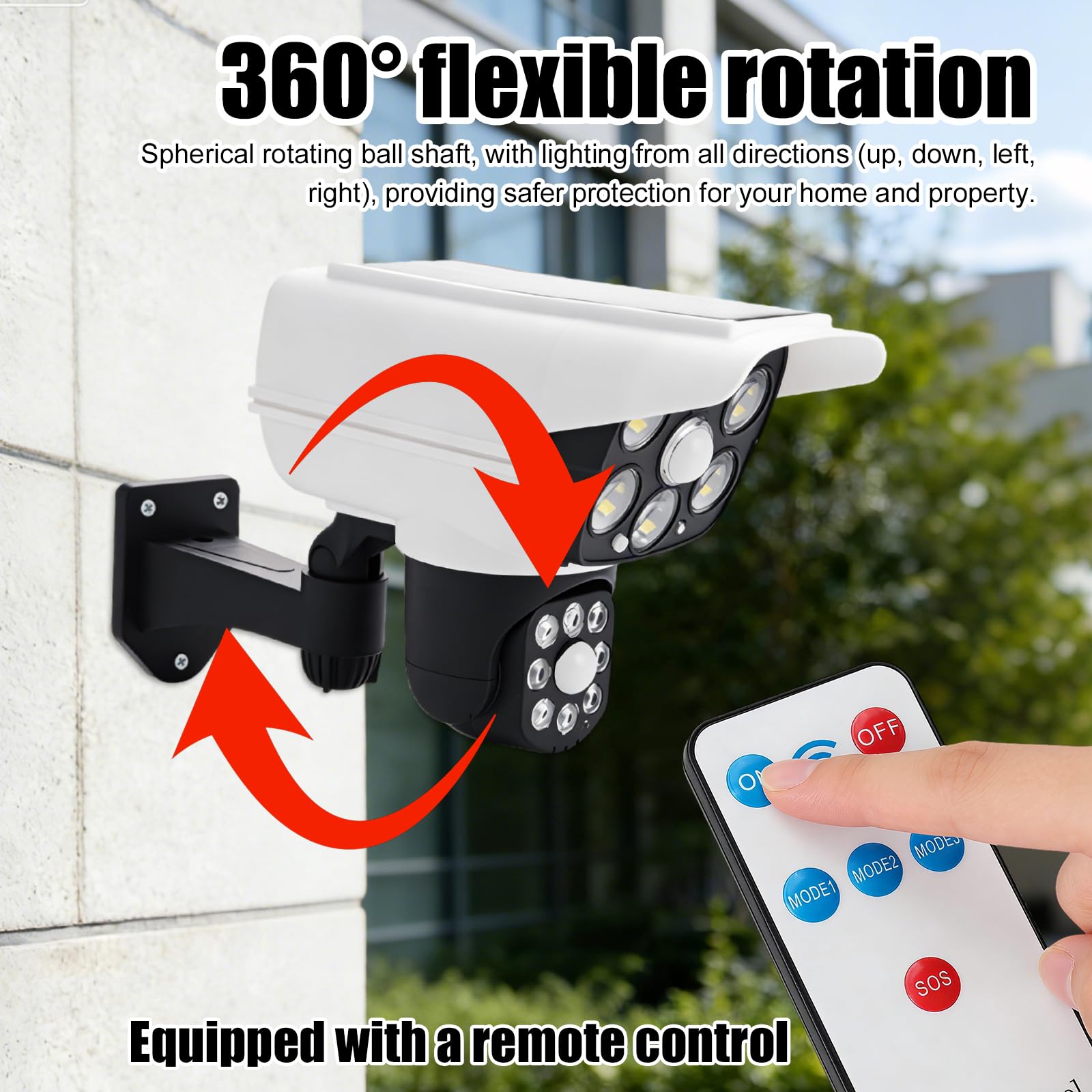 PORFOYO Lot de 2 caméras factices extérieures avec lumière, fausse caméra de surveillance solaire, rotative à 360°, avec télécommande, fausse caméra de sécurité CCTV pour extérieur