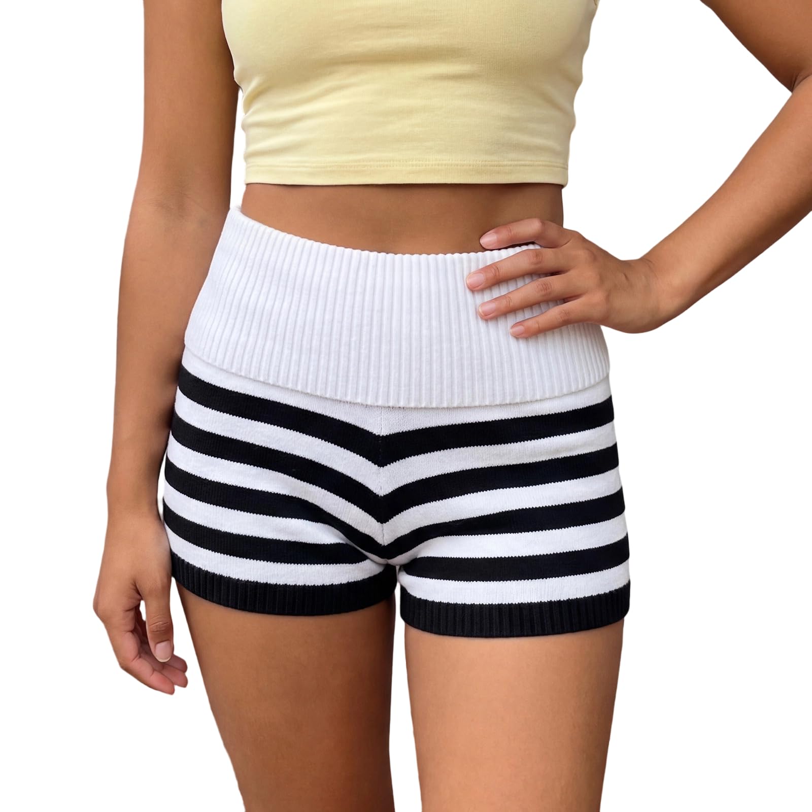 dsorvicd Women Striped Knit Micro Shorts Fold Over Elastic Waist Slim Fit Mini Bottom Y2k Lounge Sweater Shorts-picture-37