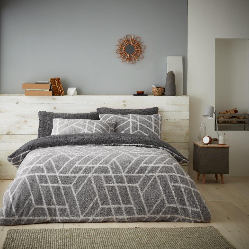 LIZZIE JACOBS Ely Geo Pattern Teddy Sherpa Fleece Super Soft Warm Cosy Duvet Cover Sets Quilt Covers Bedding Sets (double, ), Grey