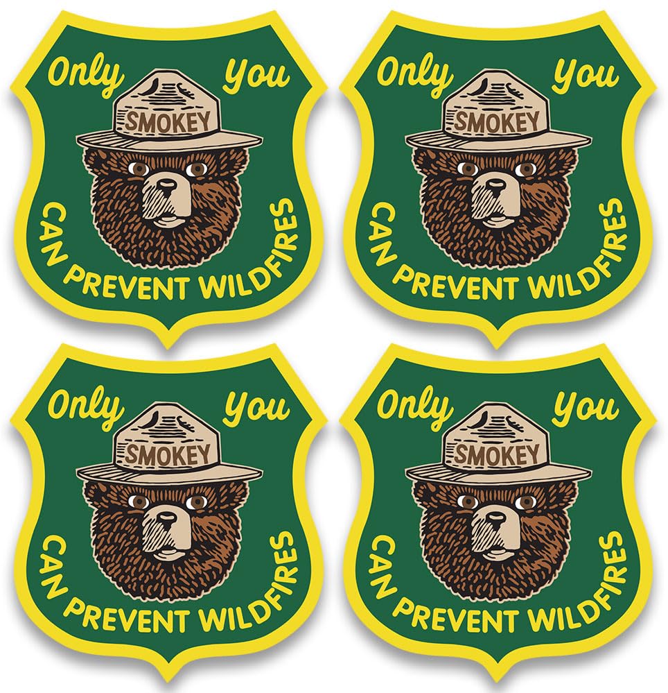 Image of 4-PackGreen Shield Shaped Smokey Bear Only You Can Prevent Wildfires Sticker (Forestry Camp Hike Vinyl Decal Smoky Vinyl Decal for car Truck or Laptop (1.5 inch)