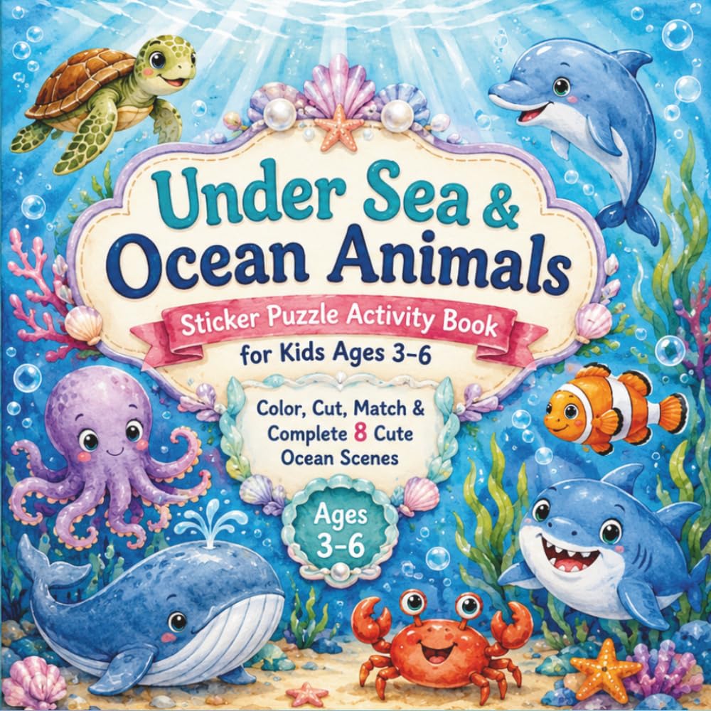 Ocean & Under Sea Animals Sticker Puzzle Activity Book for Kids Ages 3-6: Color, match & stick and bring each adorable ocean animal to life Vol 1 — ... Stick • Learn & Bring each character to life)
