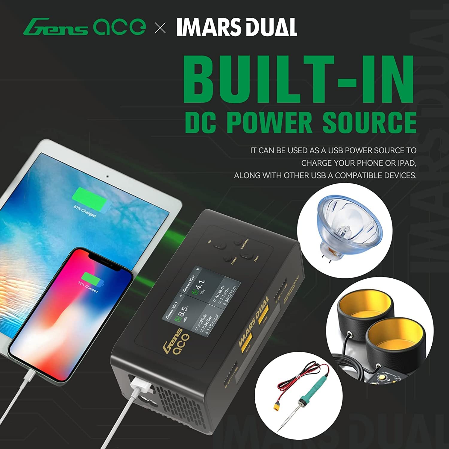 Gens Ace Caricabatteria Imars Dual Channel AC/DC,15A Charge Rate,100V-240V Voltage,per Ricaricare la batteria dell'auto FPV Drone RC (Nero)
