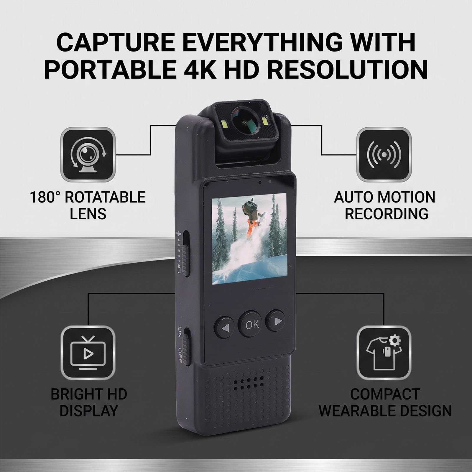 Fotocamera Indossabile 4K, Obiettivo Rotante a 180°, Rilevamento del Movimento, Action Cam Indossabile, Videoregistratore Portatile con WiFi e Display TFT per Vlogging, (128GB)
