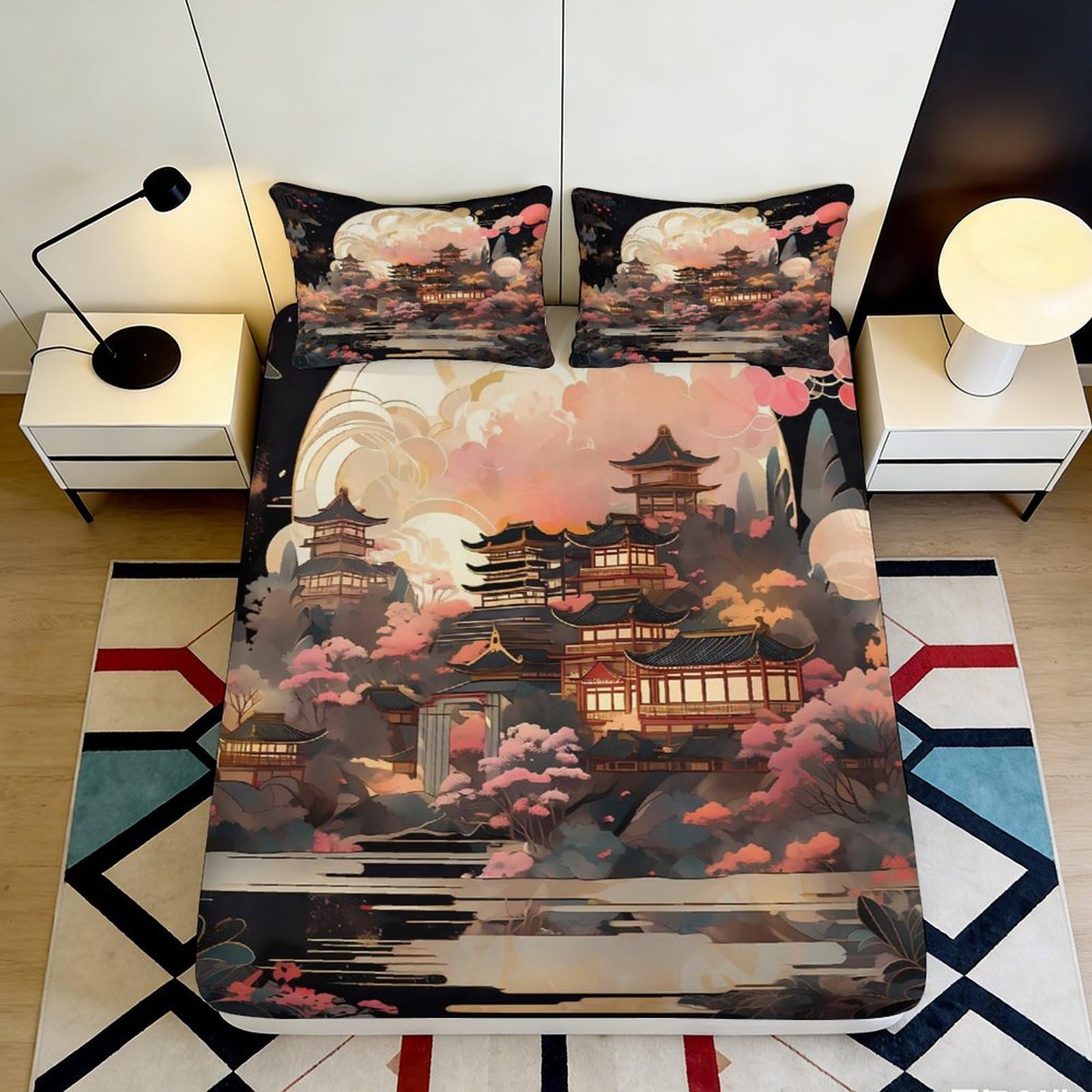 3D Printed Japanese Temple Fitted Sheet Microfiber Scenic Sunset Asian Pagoda Mattress Cover for Bedroom Decor 90x200x25cm