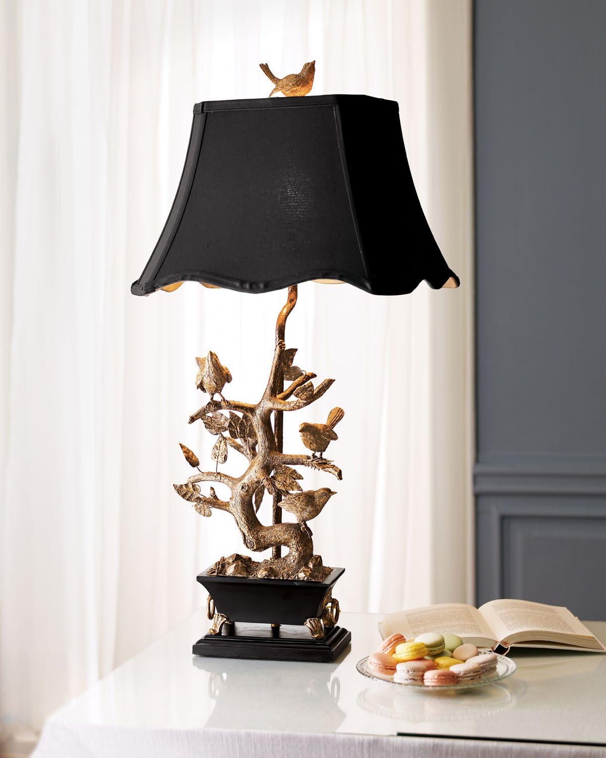 Amita Trading Brass Bird Table Lamp with Black Wavy Shade