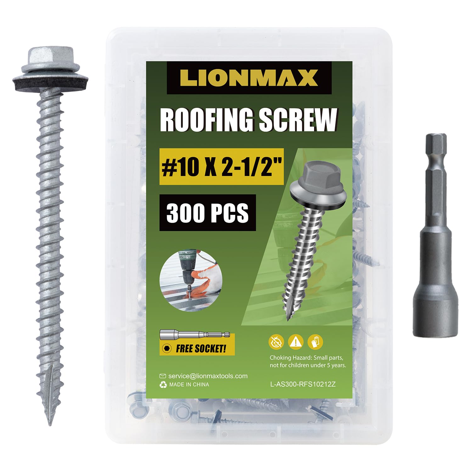 LIONMAX Metal Roofing Screws #10  2-1/2 Inch, 300-PCS, Rustpert Coating Hex Head Sheet Metal to Wood Siding Screw with Rubber Washer, Sharp Point, Hex Socket Included