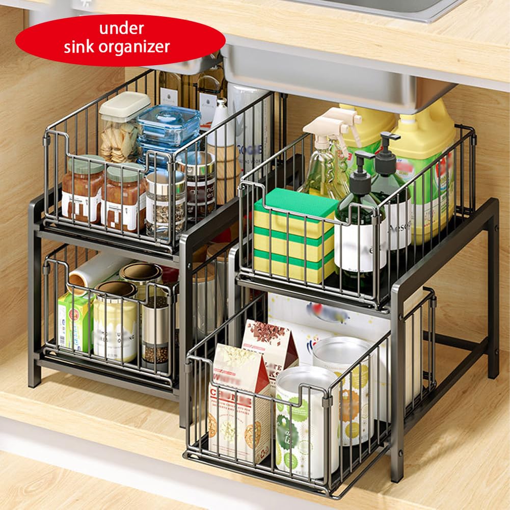 YunNasi 2 Tier Pull Out Under Sink Storage Kitchen Organiser, Cabinet Sliding Basket Drawer