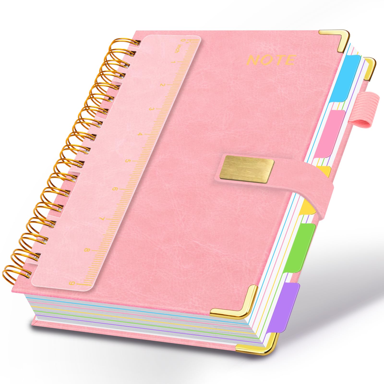 Hardcover Spiral Notebook 8''x 10'' College Ruled Notebook with Magnetic Closure, 300 Pages 5 Subject Notebooks with Pocket Dividers for Work School, B5 Leather Journal for Women, Men (Pink)
