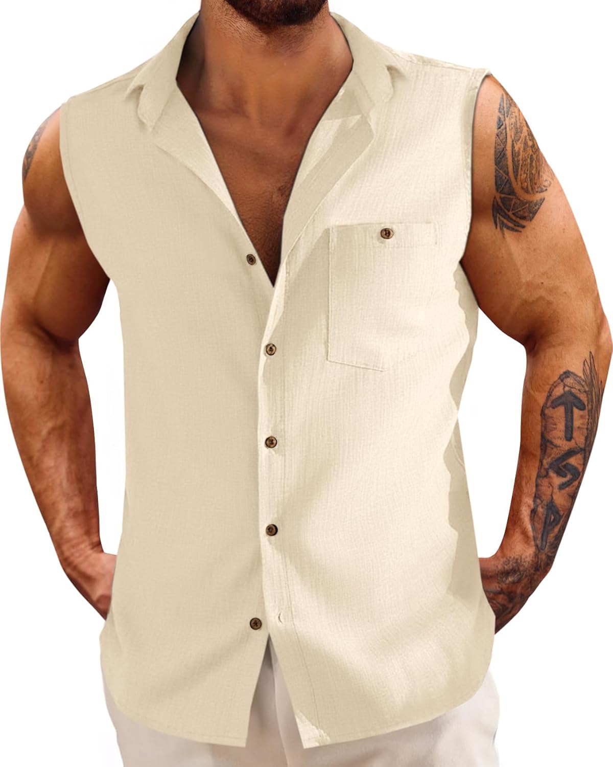 Fommykin Men's Linen Sleeveless Shirts Button Down Beach Tank Top Basic Solid Shirt Vest with Pocket