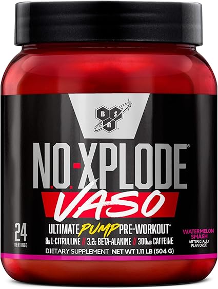 BSN NO-XPLODE Vaso Pre Workout Powder with 8g of L-Citulline and 3.2g  Beta-Alanine and Energy, Flavor: Watermelon Smash, 24 Servings