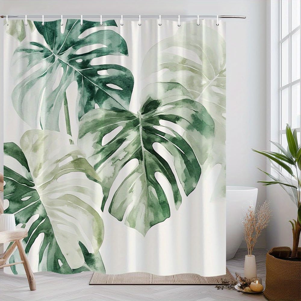 GLWDMB 1 Piece 180x180CM Watercolor Monstera Leaves Printed Shower Curtain With Hook, Polyester, for Windows And Walls, Bathtub, Bathroom, Machine Washable, All Season Universal