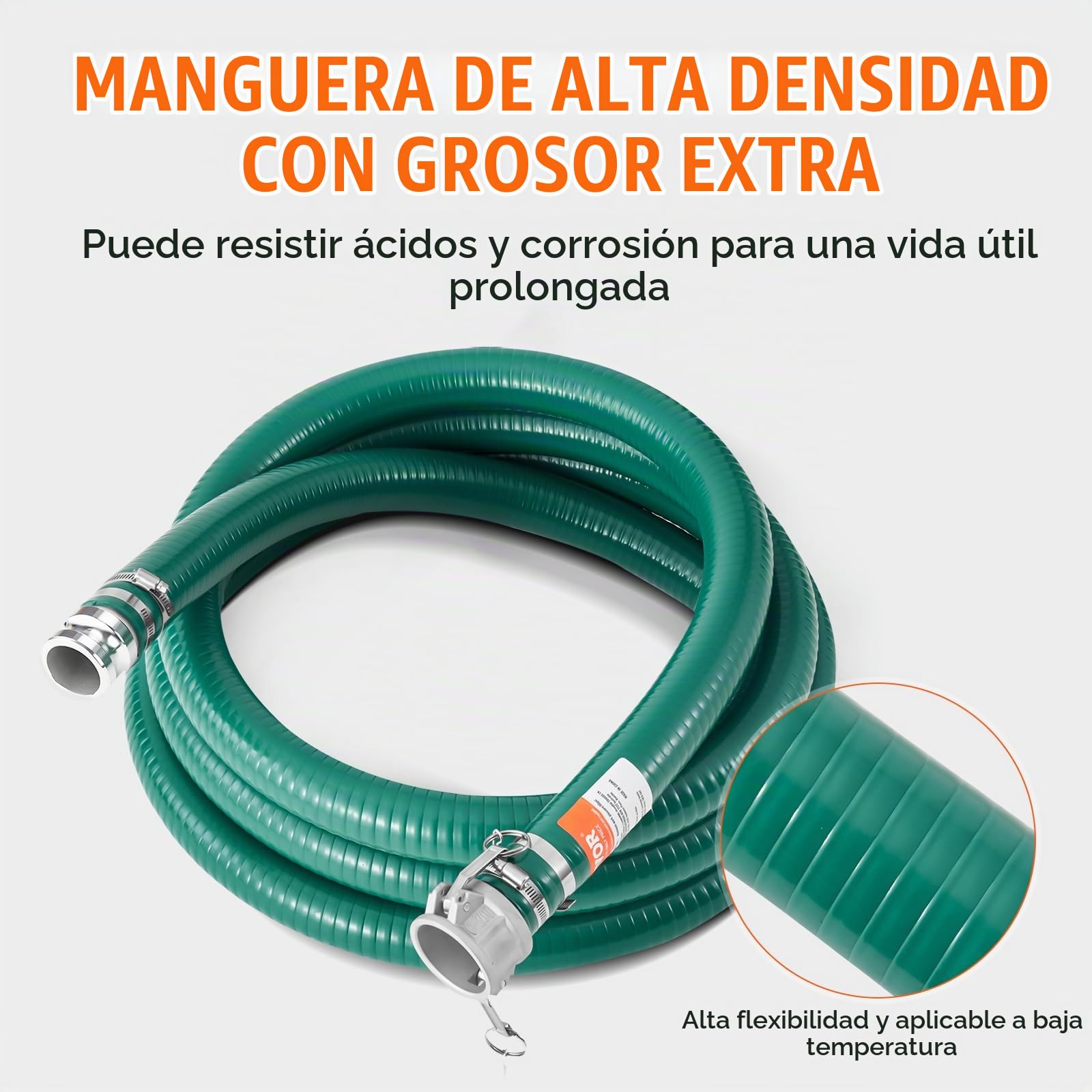 VEVOR Manguera de Succión de 50,8 mm x 6,1 m, Manguera con Conectores Bloqueos de Leva, Accesorios de Aluminio para Varias Bombas para Tratamiento de Aguas Residuales, Transporte de Agua, Verde