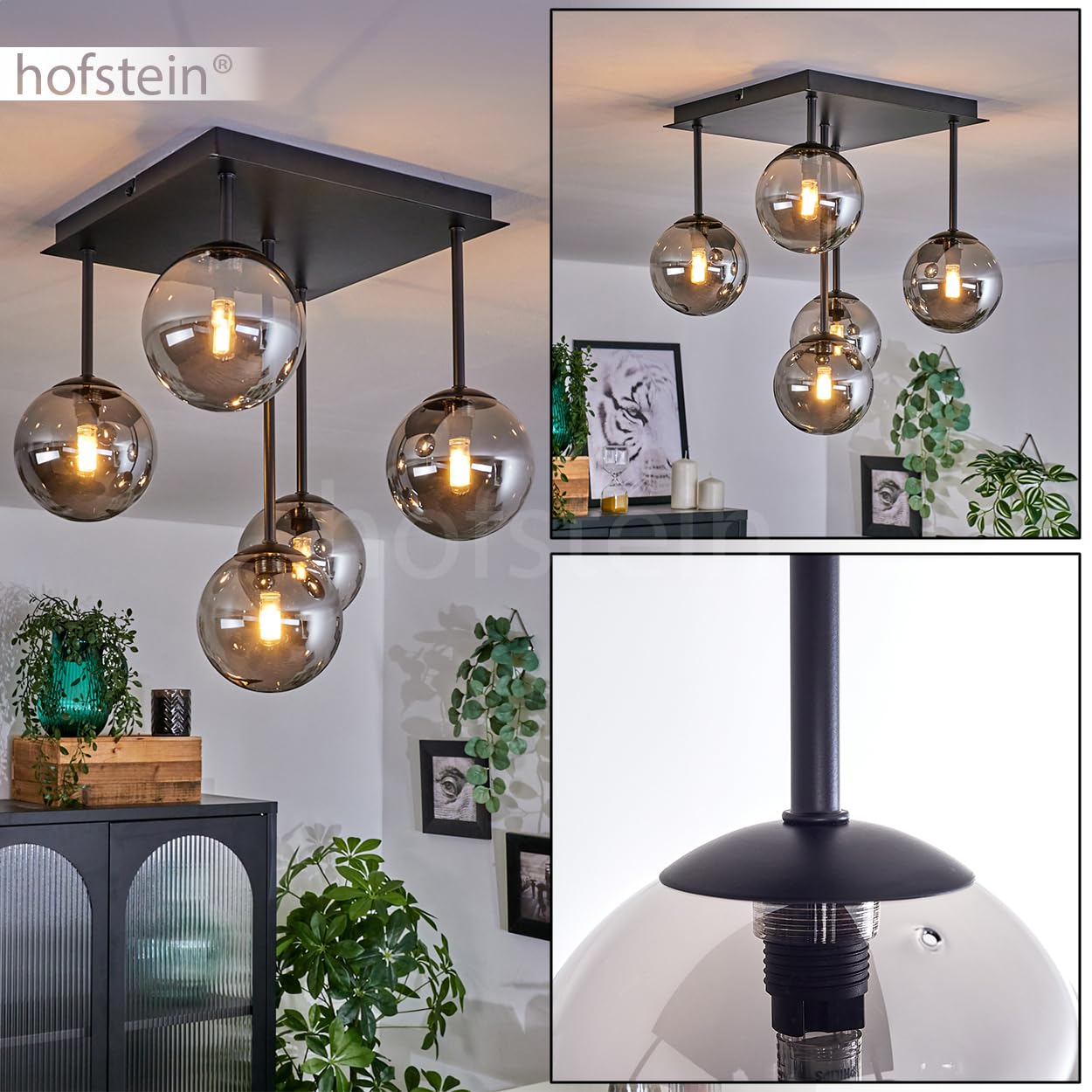 HOFSTEIN Plafonnier Chehalis, lampe de plafond en métal/verre noir/fumée, luminaire au design rétro/vintage avec abat-jour en verre (Ø 12 cm), 5 x G9 LED, sans ampoules