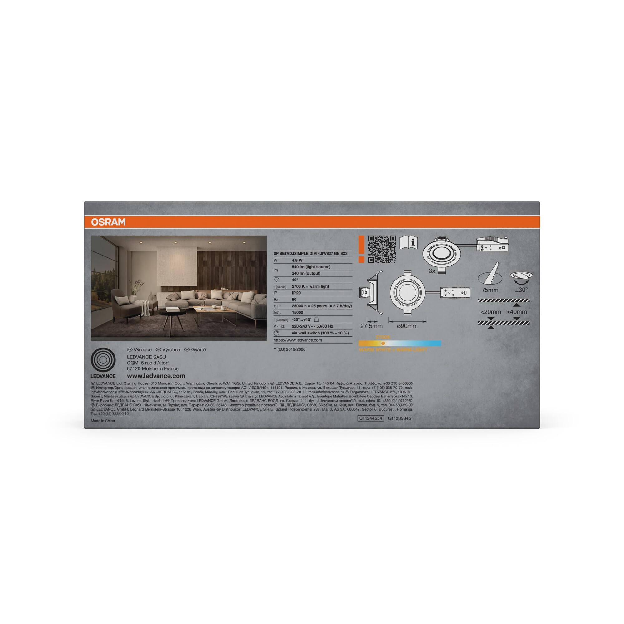 Osram Spot Set Spot LED encastrable Simple DIM, 4,9 W 827 laiton, lot de 3 interrupteurs muraux dimmables, blanc chaud 2700 K