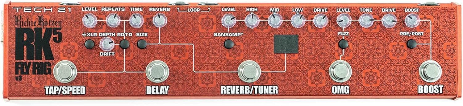 Tech 21 SansAmp Richie Kotzen Signature RK5 Fly Rig V2 Guitar Multi-Effects Pedal Bundle with 3 MXR Patch Cables and Dunlop Pick Pack