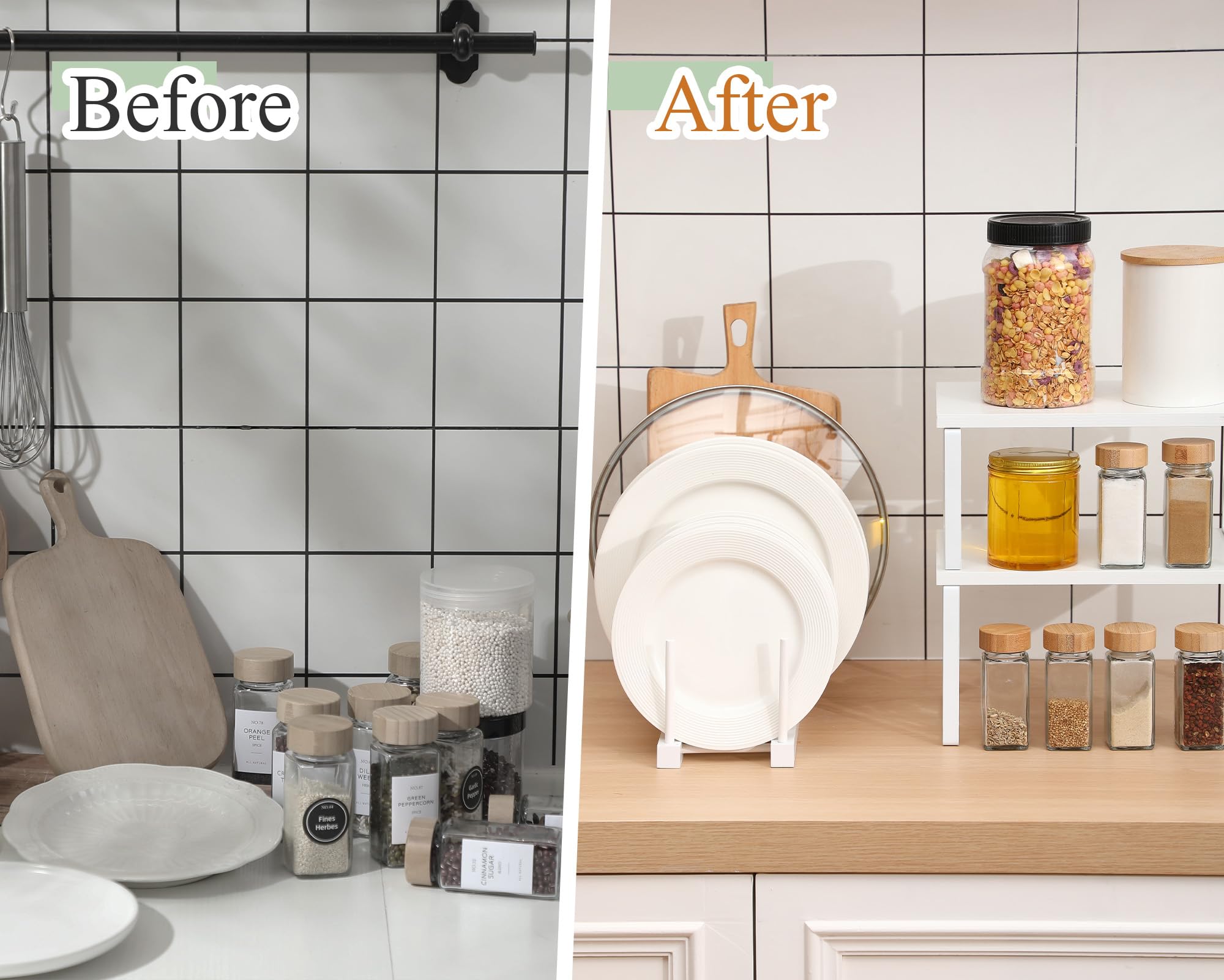 Marsui Set di 4 accessori da cucina per armadietti, mensole e piatti in bambù per scolapiatti, ripiani per portaspezie, piatti, coperchi per pentole, ciotole, tazze (bianco)
