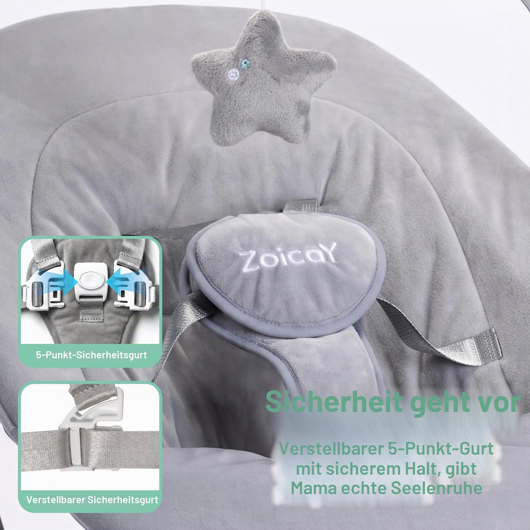 Babywippe Elektrisch mit 3 Modus 5 Tempo für Neugeborenes 0-9 Monate (Grau) | Babywippe 5-Punkt-Gurt Verstellbare Sitz Babyschaukel Fernbedienung Bluetooth Steuerung Timing und Musik Funktion