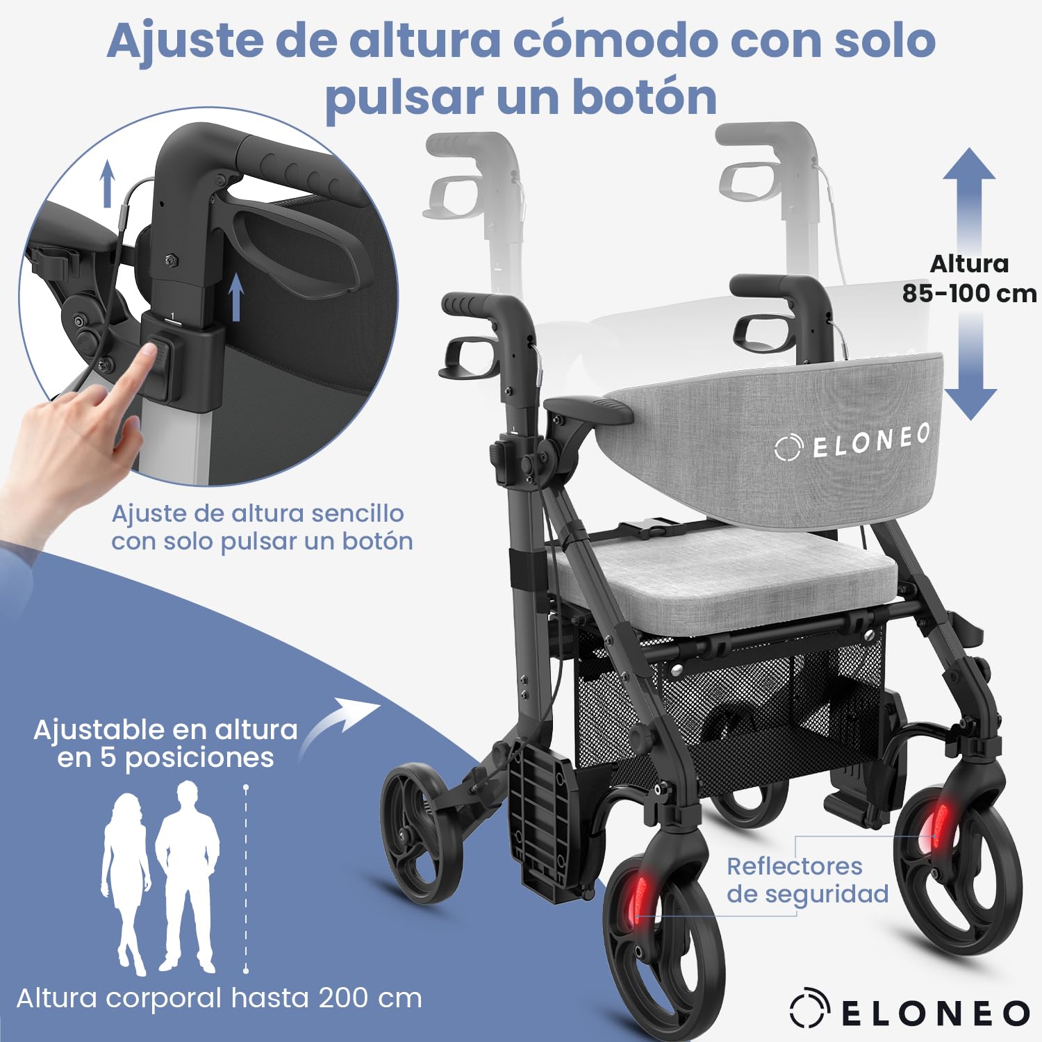 ELONEO Silla de Ruedas y Andador 2 en 1 plegable y ligero con asiento, Andador todoterreno convertible en silla de ruedas, Ayuda de movilidad de aluminio, Silla de transporte, negro