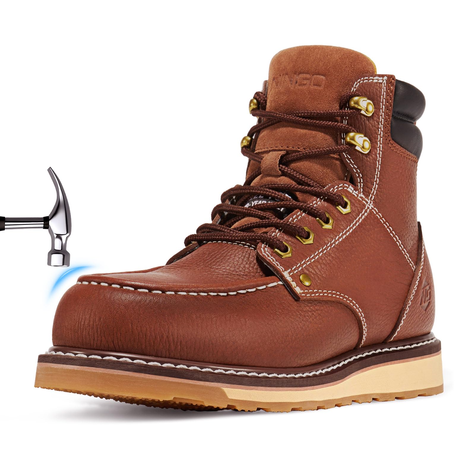 NINGO Steel/Soft Toe Work Boots for Men, 6 Inch Waterproof Mens Wedge Moc Toe Boots, Full-Grain Leather, Oil and Slip-Resistant Safety Boots, EH