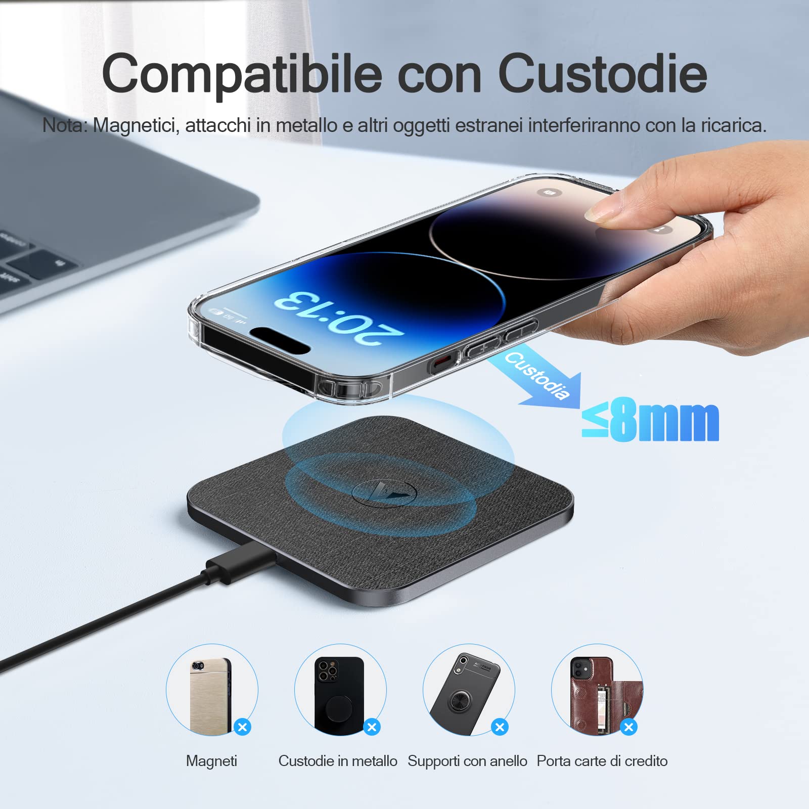 AGPTEK 15W Caricatore Wireless Veloce Qi Rapida, Caricabatterie Wireless per iPhone 15/14/13/12/11/X/XS/8P, AirPods, Galaxy S24/23/S22, Pixel, Huawei, Xiaomi (Pelle Nera)