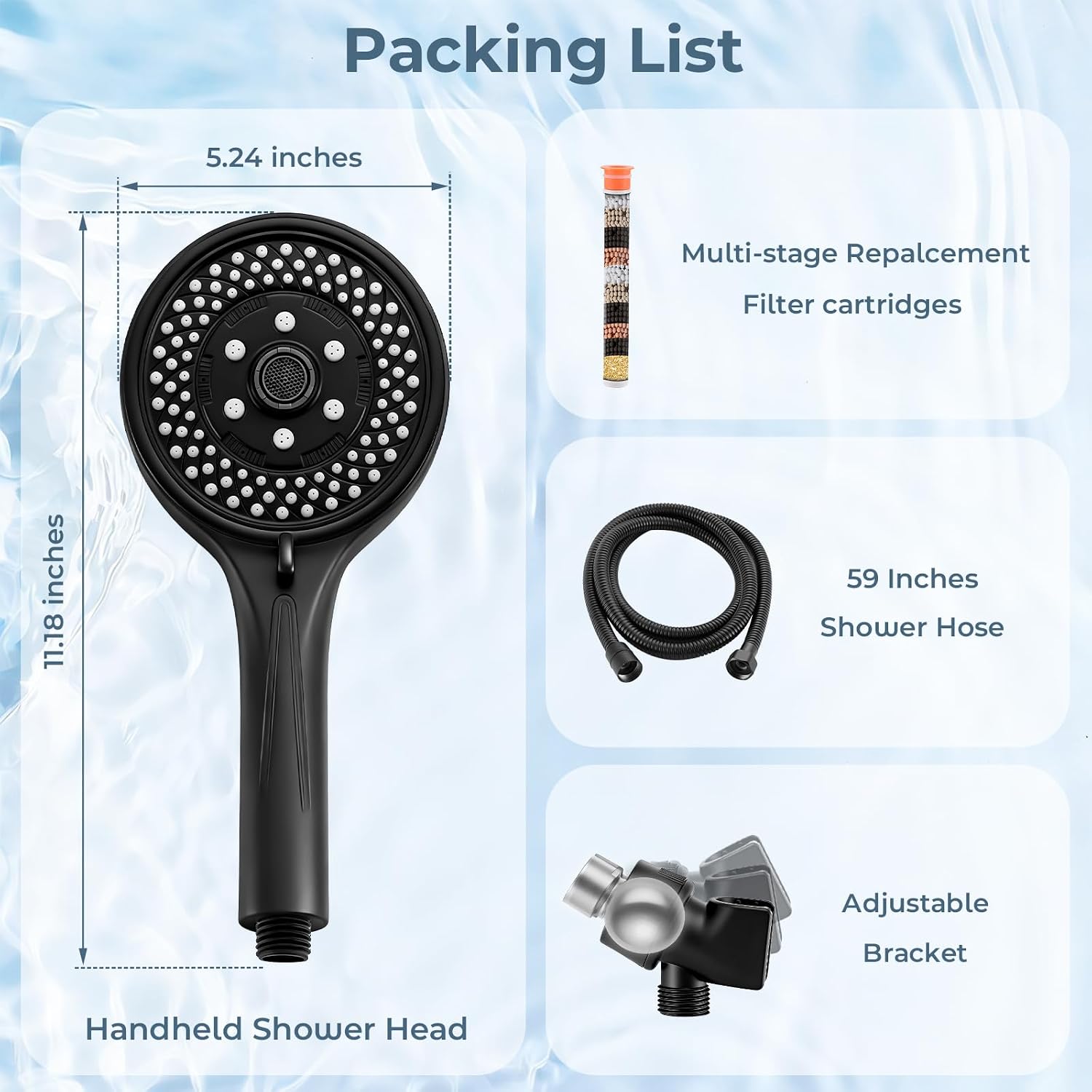 Filtered High Pressure 7-Function Shower Head with Handheld – 5.24" Spray Nozzles, 59" Stainless Steel Hose & Adjustable Shower Holder for Full Body Coverage Black