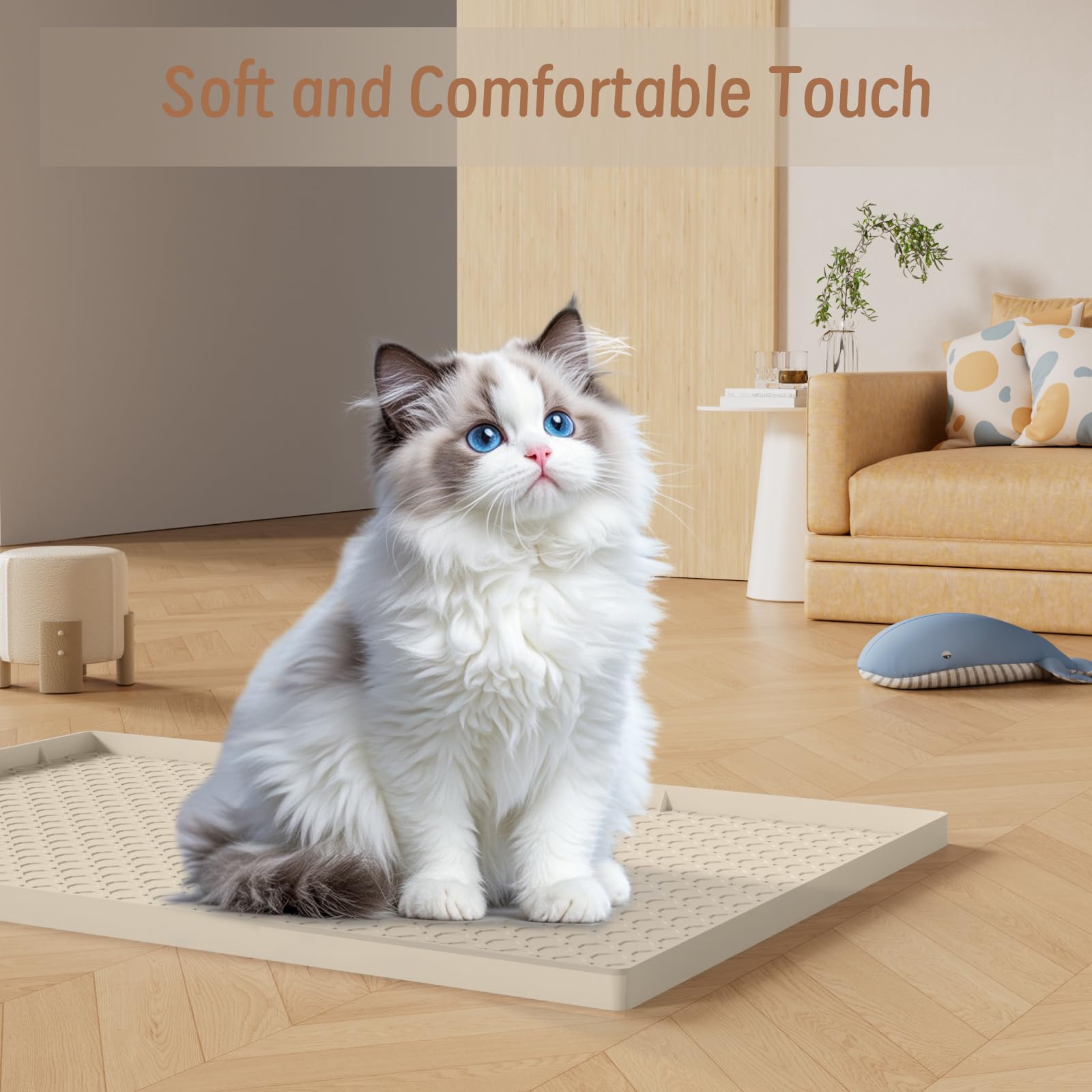 Alfombra Arenero Gato Silicona Impermeable Bordes Elevados 86x56cm, Alfombra Gatos Arenero Grande Antideslizante, y Alfombrilla Arenero Gato Diseño Panal Fácil Limpiar, Beige