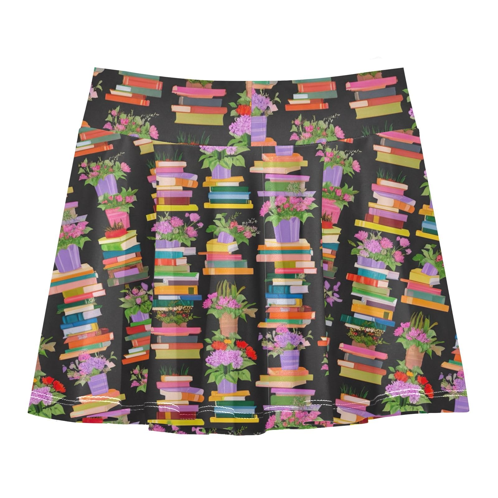 Cute Colorful Books Flowers Girls' Tennis Skorts Athletic Workout Skirts Flowy Cheer Skirt with Shorts Size 7-8